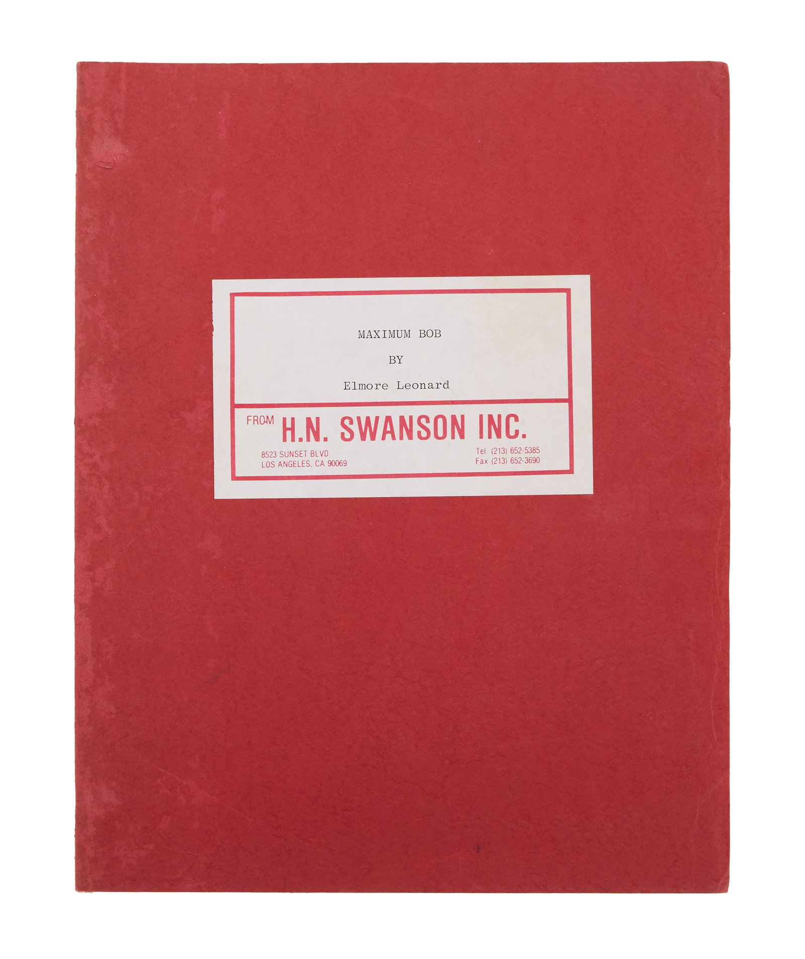 Elmore Leonard | Swanson "Maximum Bob" Manuscript: A typed manuscript for the novel Maximum Bob by prolific crime author Elmore Leonard. The manuscript is housed in branded wrappers from H. N. Swanson Inc., the famous literary agency the represented