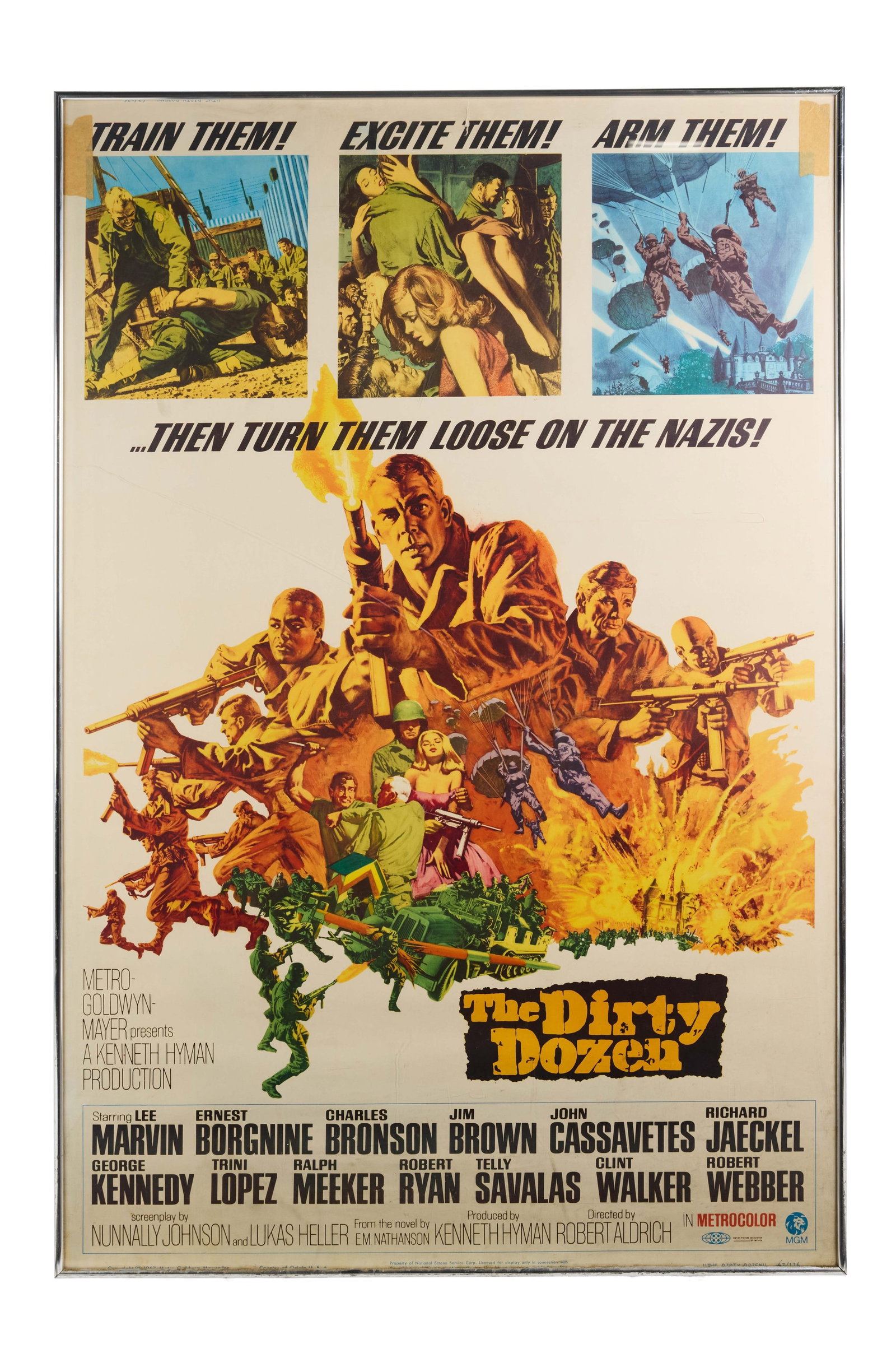 The Dirty Dozen | Movie Poster: MGM, 1967. Poster, 40 x 60 inches. Pieces of tape on the top left and right corners; a tear down the top middle; some creasing. Framed. The Dirty Dozen (MGM, 1967) was a box office smash upon its
