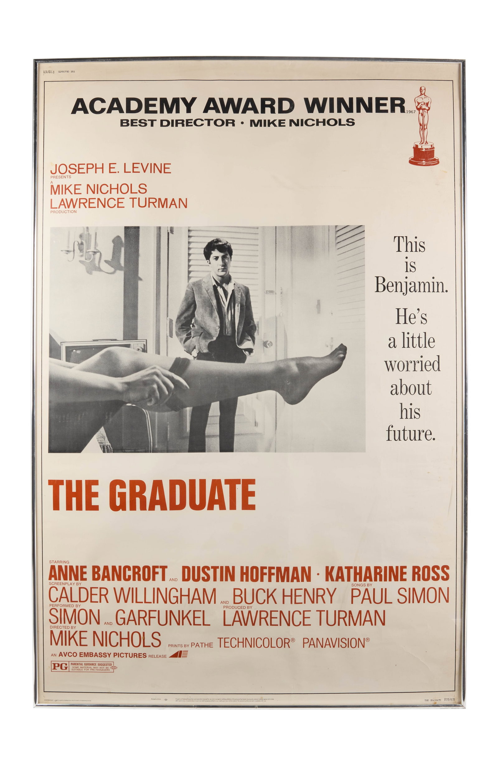 The Graduate | Movie Poster: Avco Embassy Pictures, R-1972. Poster, 40 x 60 inches. Small creases throughout, a small orange stain on the top right (near the Academy Award statue), and a small orange stain on the top left (near