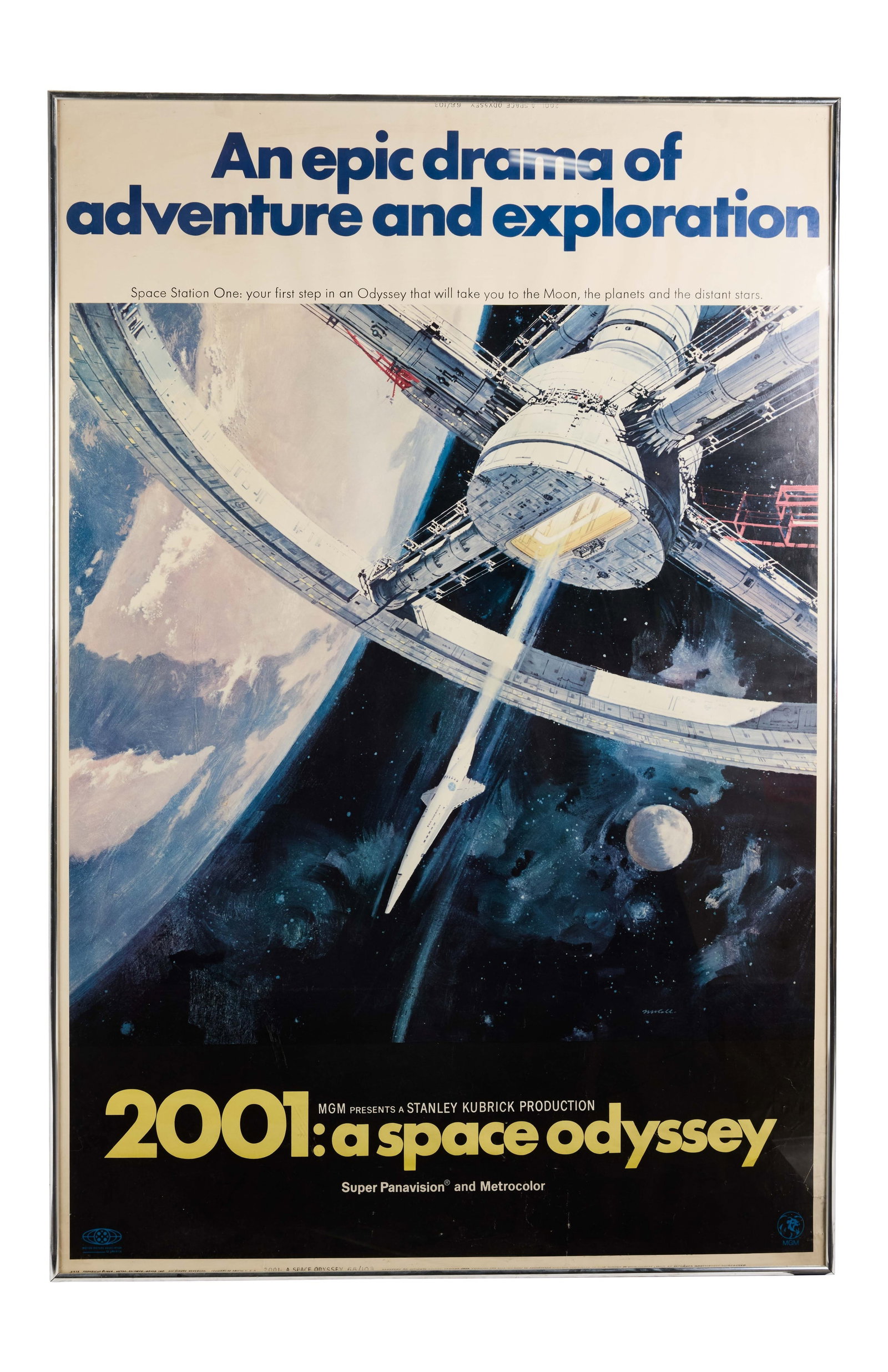 2001: A Space Odyssey | Movie Poster: MGM, 1968. Poster, 40 x 60 inches. Multiple pin holes on all four corners, some wrinkling on the bottom half; and some minor tears and folds near the edges on the bottom half. Framed. 2001: A Space