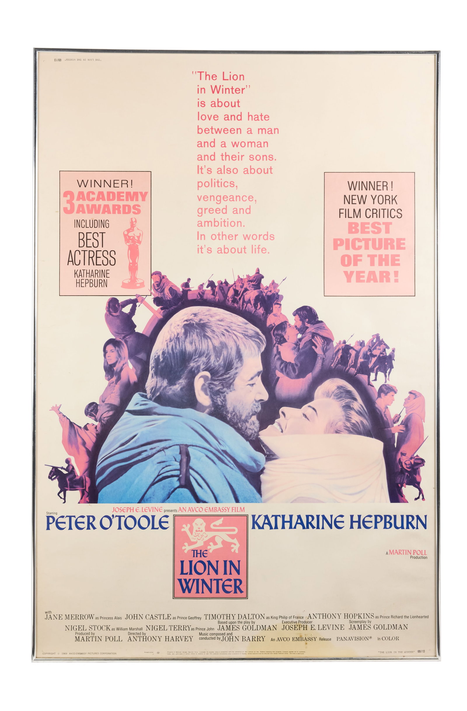 The Lion in Winter | Movie Poster: AVCO Embassy Pictures, 1969. Academy Awards Poster, 40 x 60 inches. Stained on the bottom center; several small tears; creased on the top left corner; exhibits some browning. Framed. The Lion in Winte