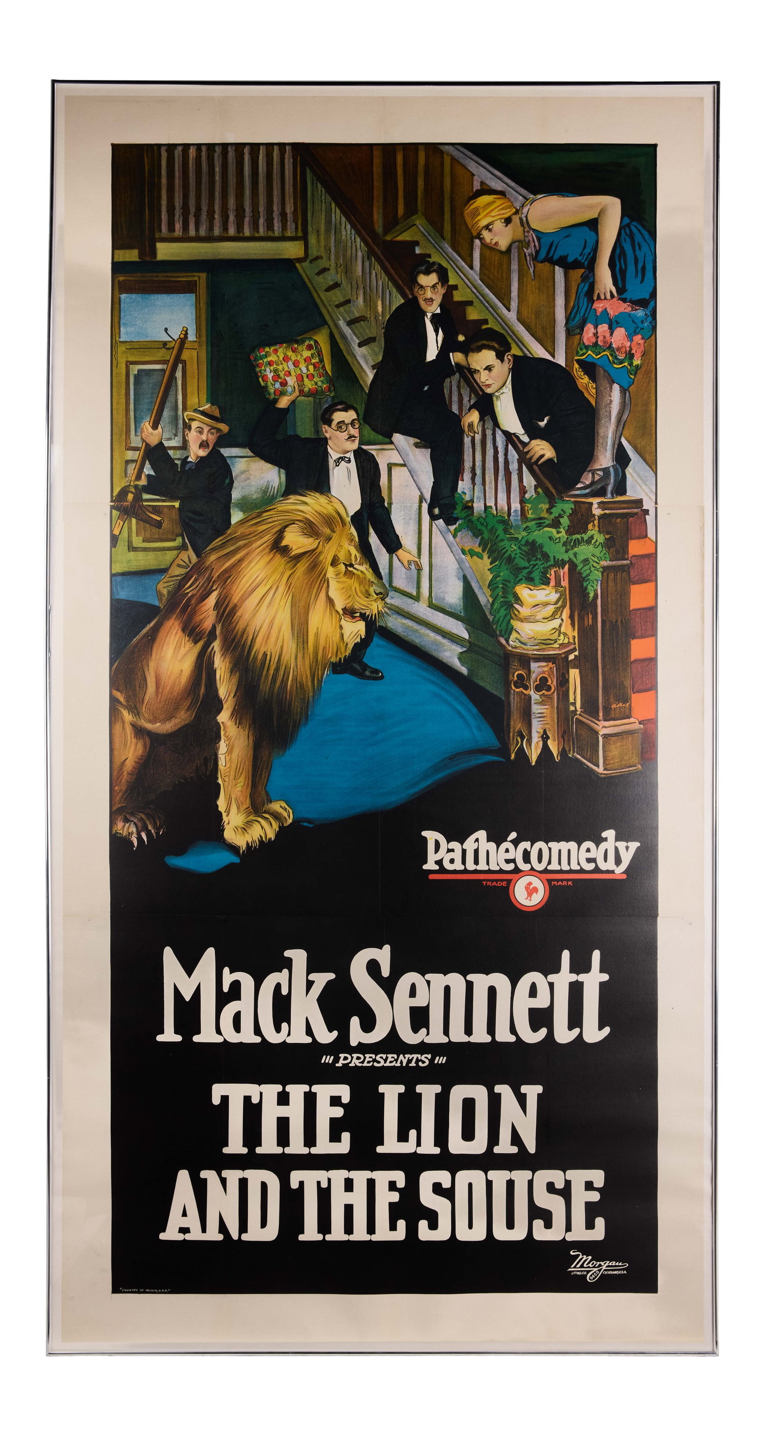 The Lion and the Souse | Movie Poster: Pathe, 1924. Three-sheet poster, 80" x 41", linen-backed. Some toning to outside edges of border; excellent condition. Shows small signs of restoration along creases. Framed. This three-sheet poster, 