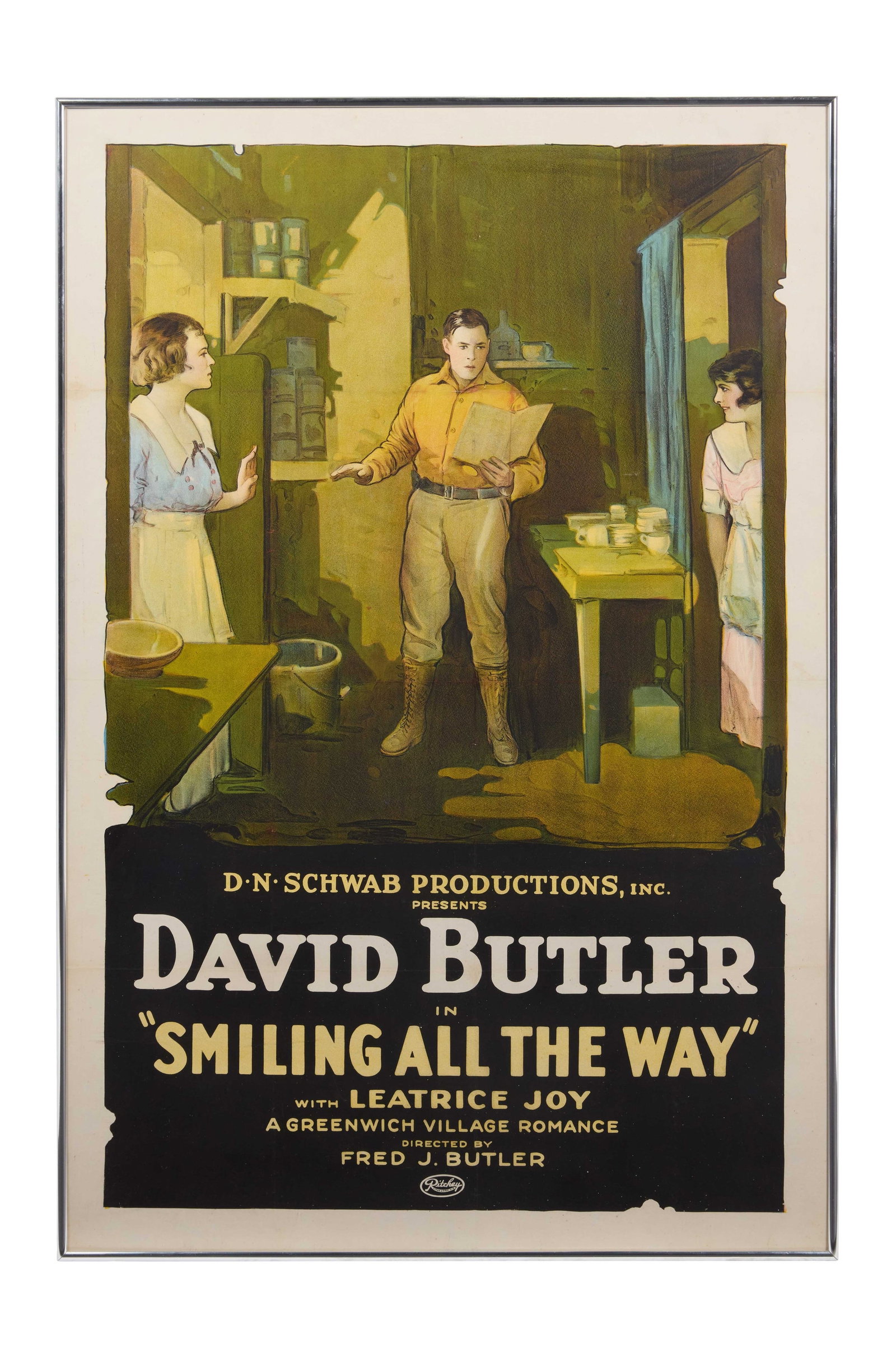 Smiling All the Way | Movie Poster: D. N. Schwab Productions, 1920. One-sheet, 27.25" x 41.5". Some spotting and discoloration along edges. Also called "Alice in Underland," this lost silent film focused on the romantic and business exp