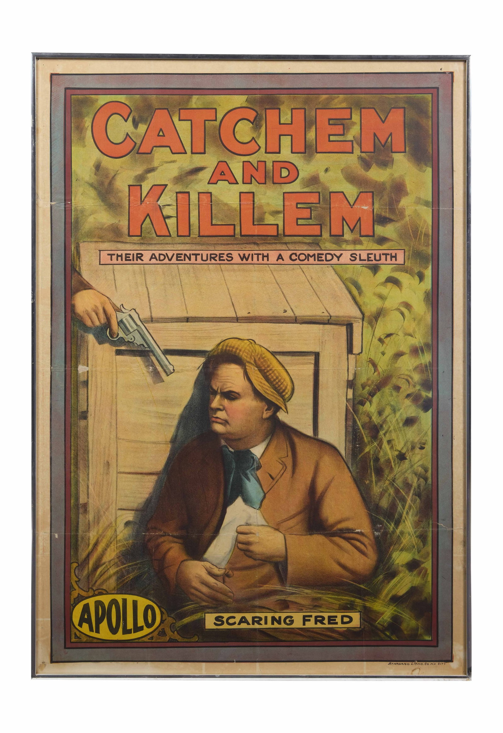 Catchem and Killem | Movie Poster: Apollo, 1911. One sheet, 28 x 40 inches. Multiple small and moderate tears along fold lines; multiple pin holes on the corners; multiple marks around the edges; unrestored. Framed. This silent comedy,