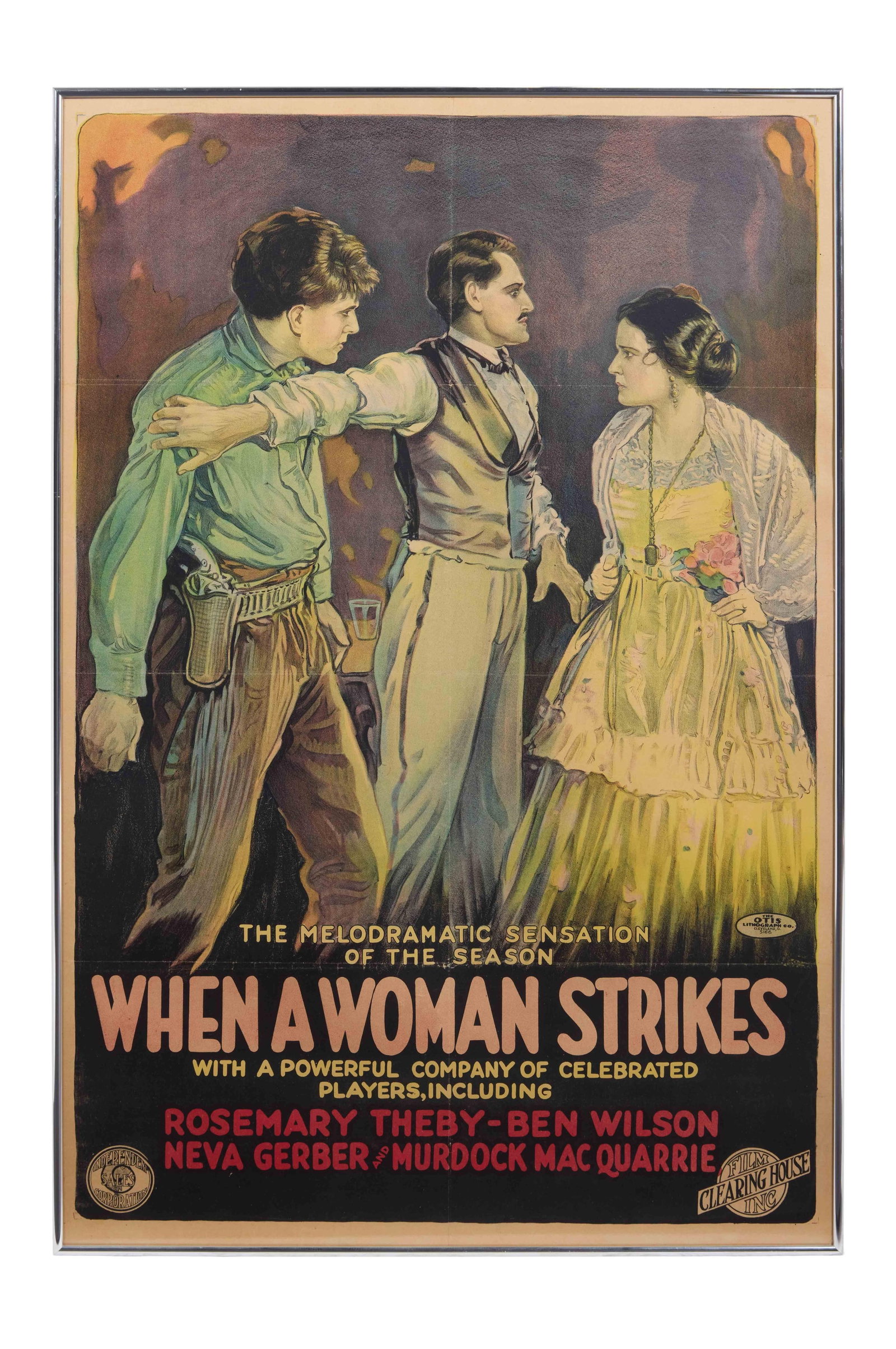 When A Woman Strikes | Movie Poster: Film Clearing House, 1919. One-sheet poster, 27.75" x 40.75". Visible color loss along folds, and color fading throughout. An independent production with scant documentation, this silent Western is li