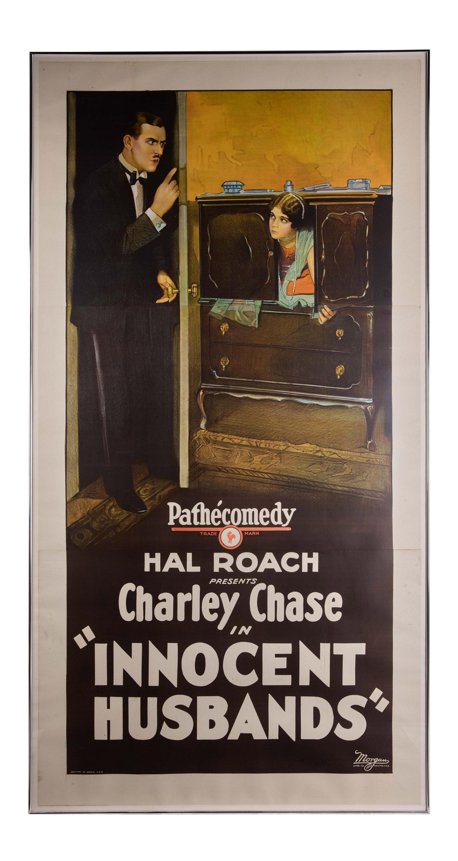Innocent Husbands | Movie Poster: Pathe, 1924. Three-sheet poster, 80" x 40.75", linen backed. Some discoloration to outside edge of poster border; excellent condition. Framed. This poster depicts a moment in this short comedy where H