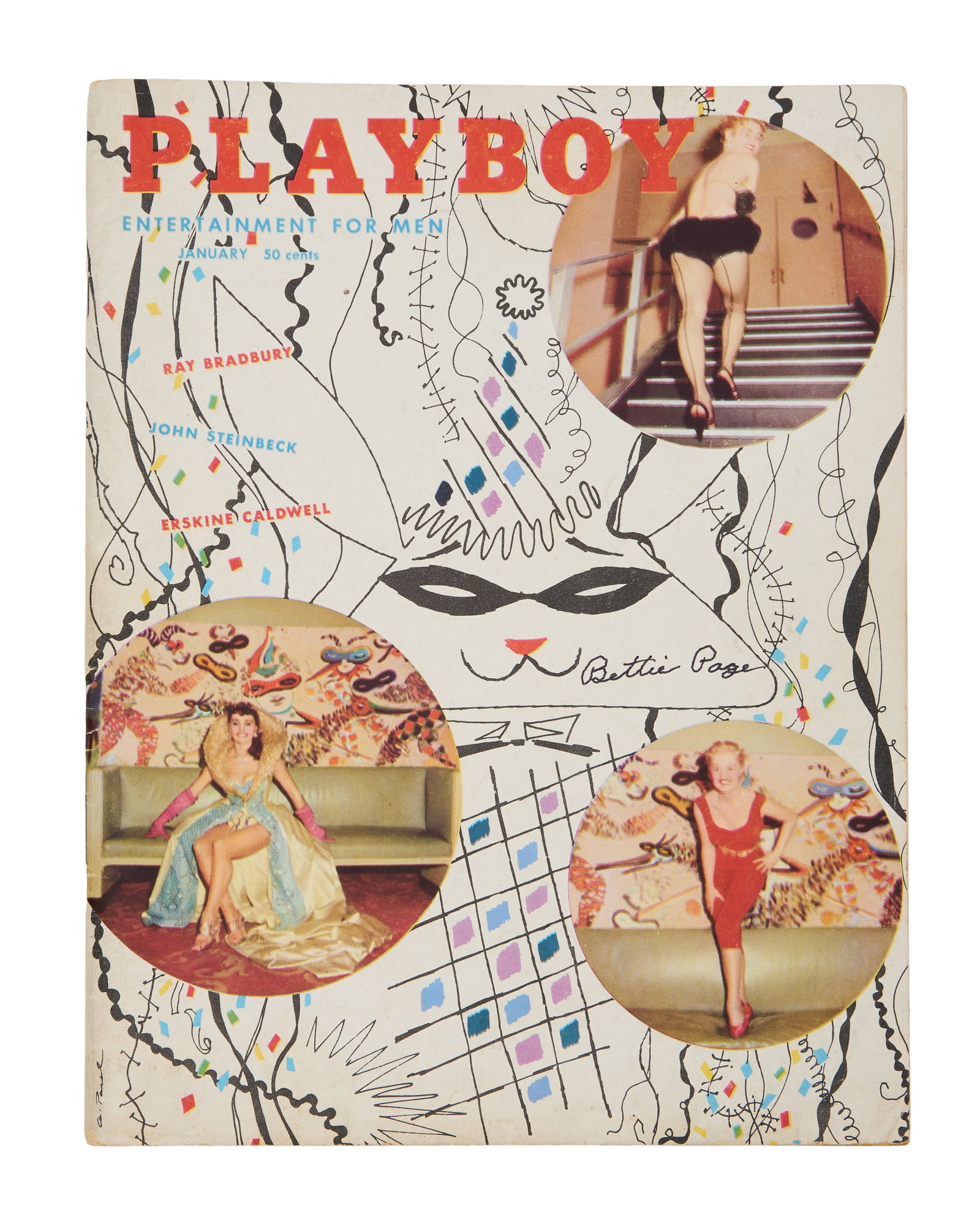 Playboy | Bettie Page Twice-Signed 1955 Magazine: An original January 1955 issue of Playboy Magazine, featuring a Christmas-themed centerfold of Bettie Page wearing a Santa hat, hand-signed by Page along her leg. The magazine has also been hand-signe