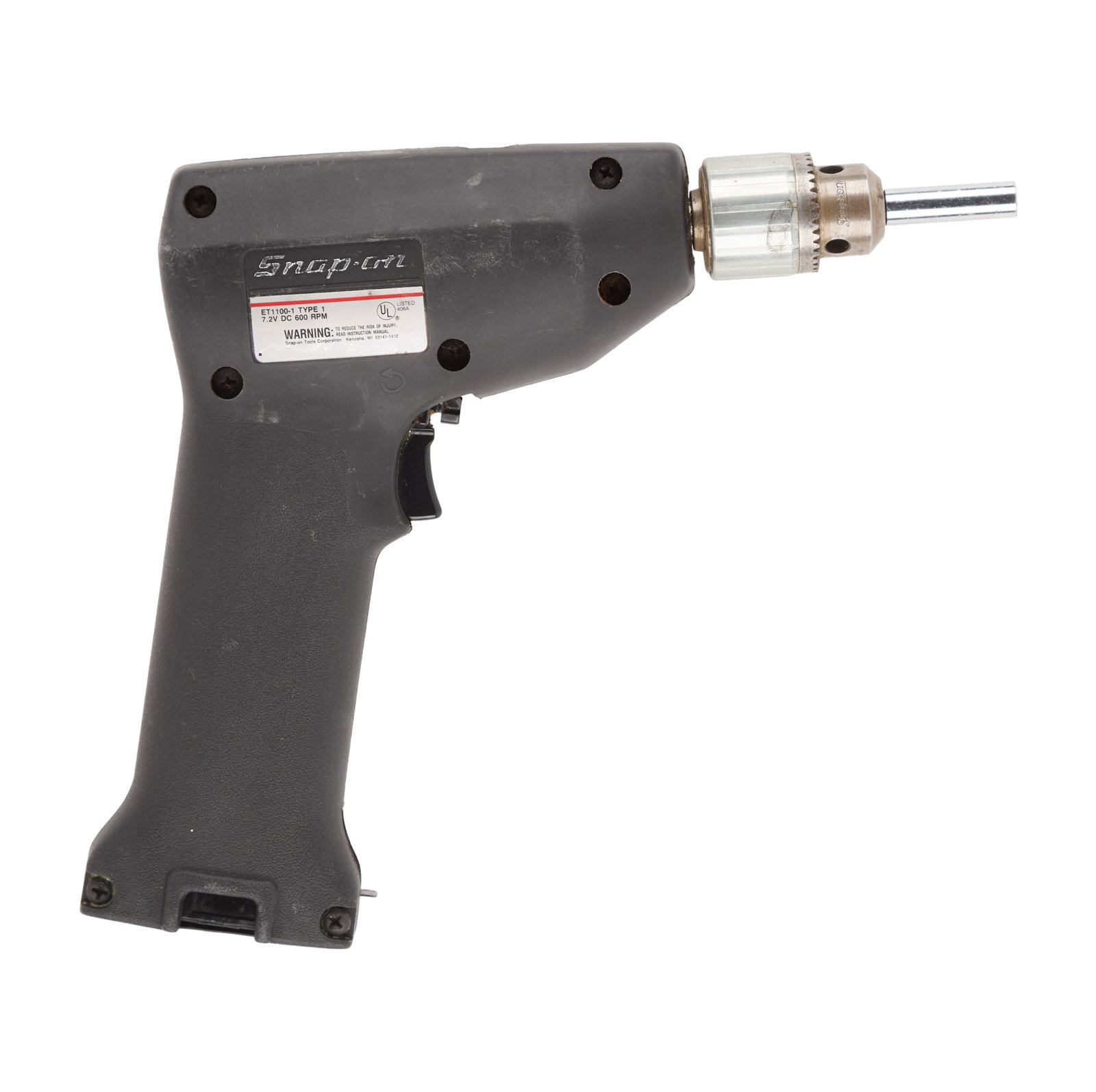 RoboCop (1987) | Screen-Used Power Drill: The Snap-On Professional 3/8" Cordless Drill screen-used by Peter Weller as RoboCop to remove his helmet in the action/sci-fi classic RoboCop (Orion, 1987). Model No. ET1100-1, Type 1, 7.2V, DC
