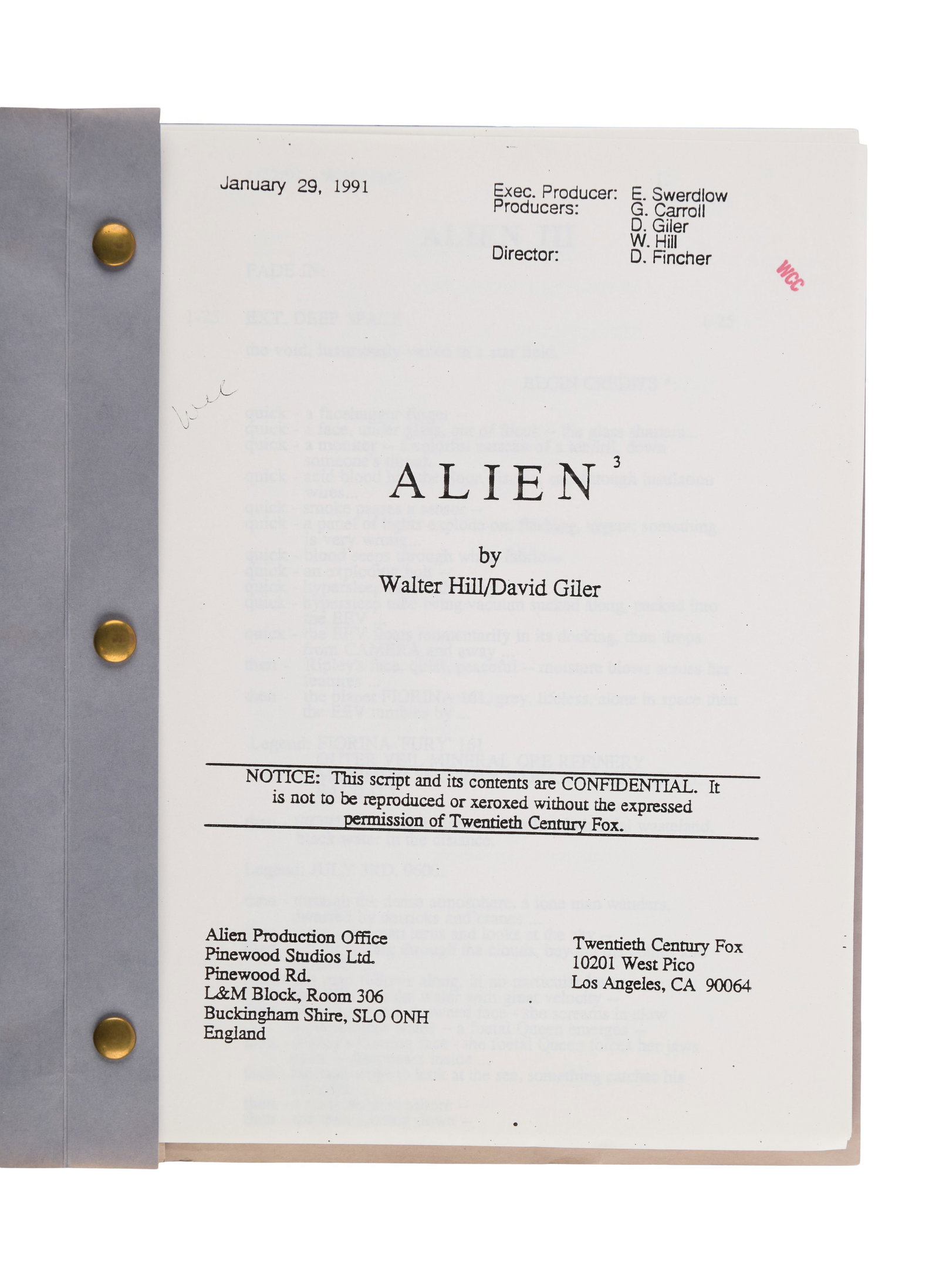 Alien 3 | Production Script: A script for Alien 3 (20th Century Fox, 1992), the third installment in the iconic sci-fi/horror franchise. Dated to early 1991, this script has a plain blue paper cover. Both the cover and the title 