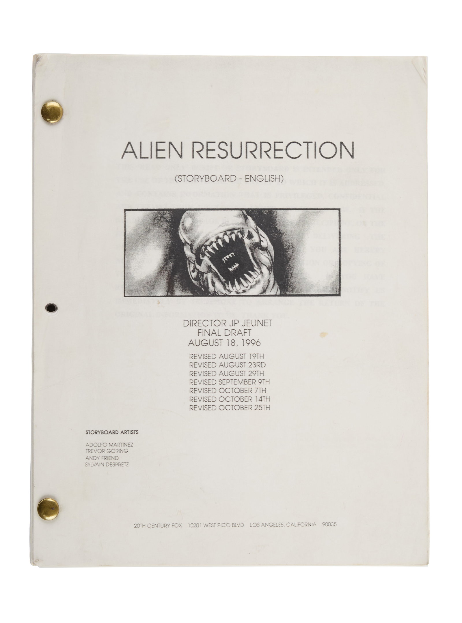 Alien: Resurrection | Production Script with Storyboards: An original production script for Alien: Resurrection (20th Century Fox, 1997), the fourth installment in the iconic sci-fi/horror franchise. Written by Joss Whedon and directed by Jean-Pierre