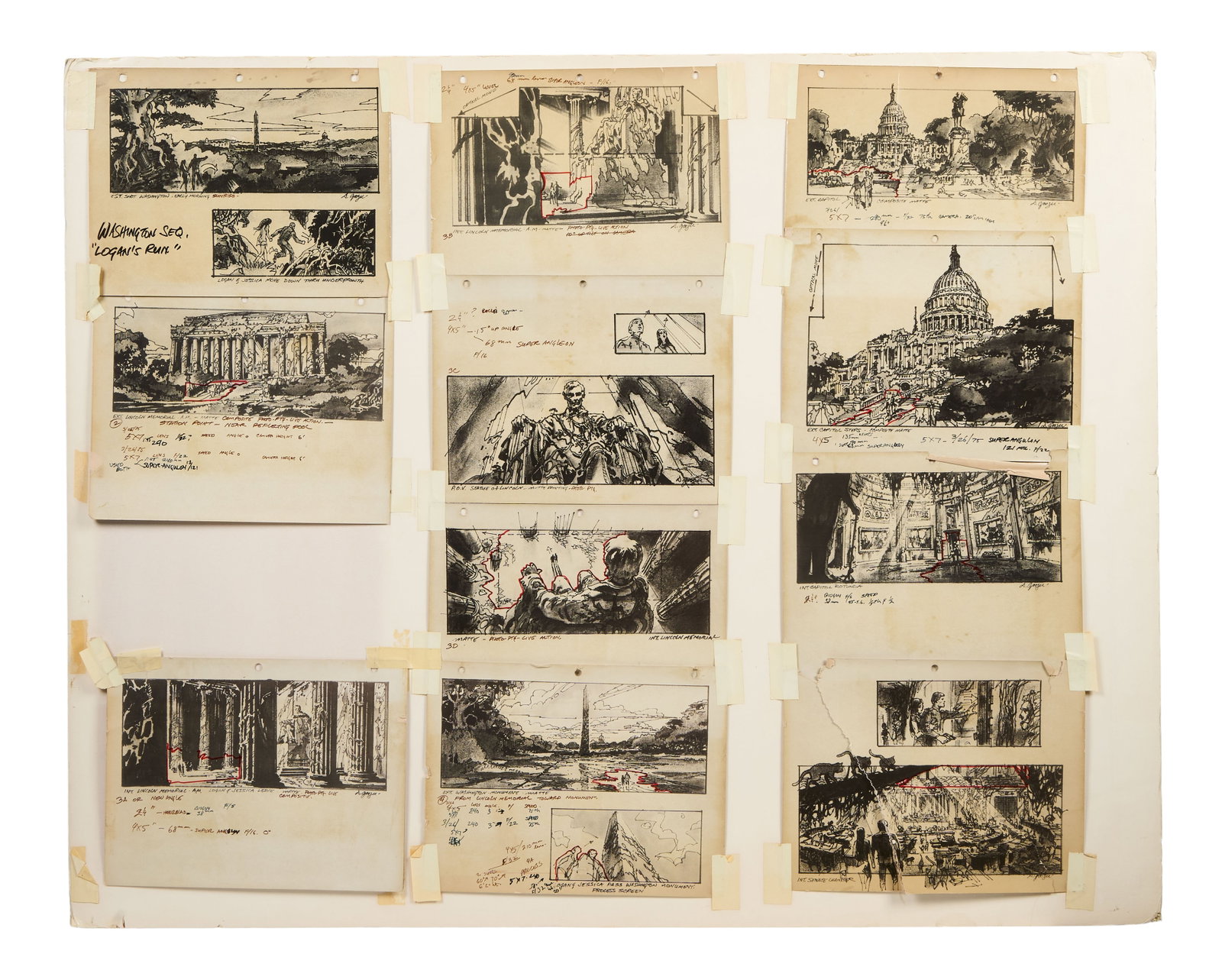 Logan's Run | Dan Goozee Storyboards: Eleven black and white storyboards by Dan Goozee from the production of Logan?s Run (United Artists, 1976) directed by Michael Anderson and starring Michael York as Logan 5. The storyboards are