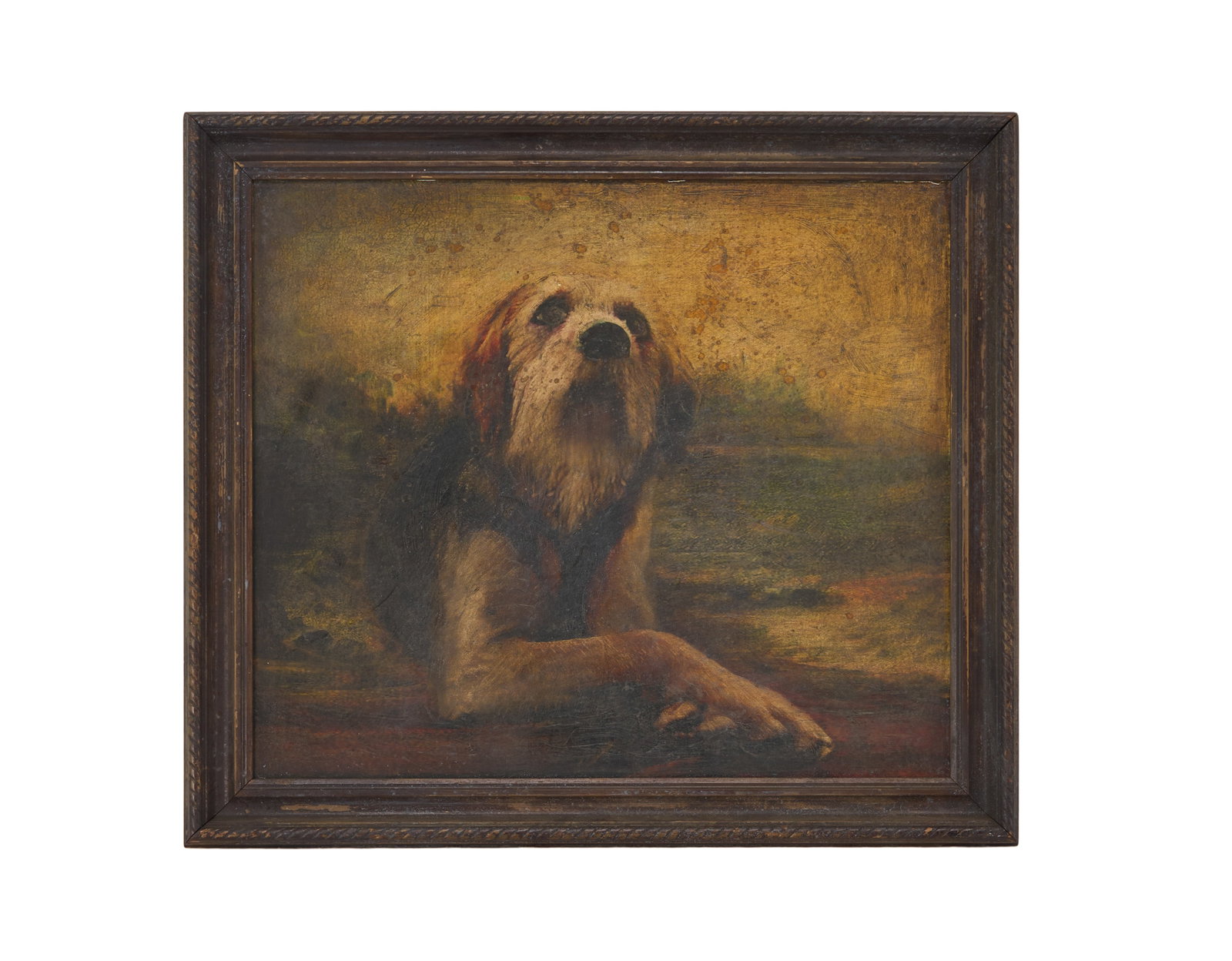 Lost | "Jacob's Dog" Painting Prop with "Ash Circles" Bottle: A prop painting known as "Jacob's Dog" from the mysterious cabin on the island from the production of the sci-fi thriller series Lost (ABC, 2004 - 2010). The prop is painted image of laying dog with
