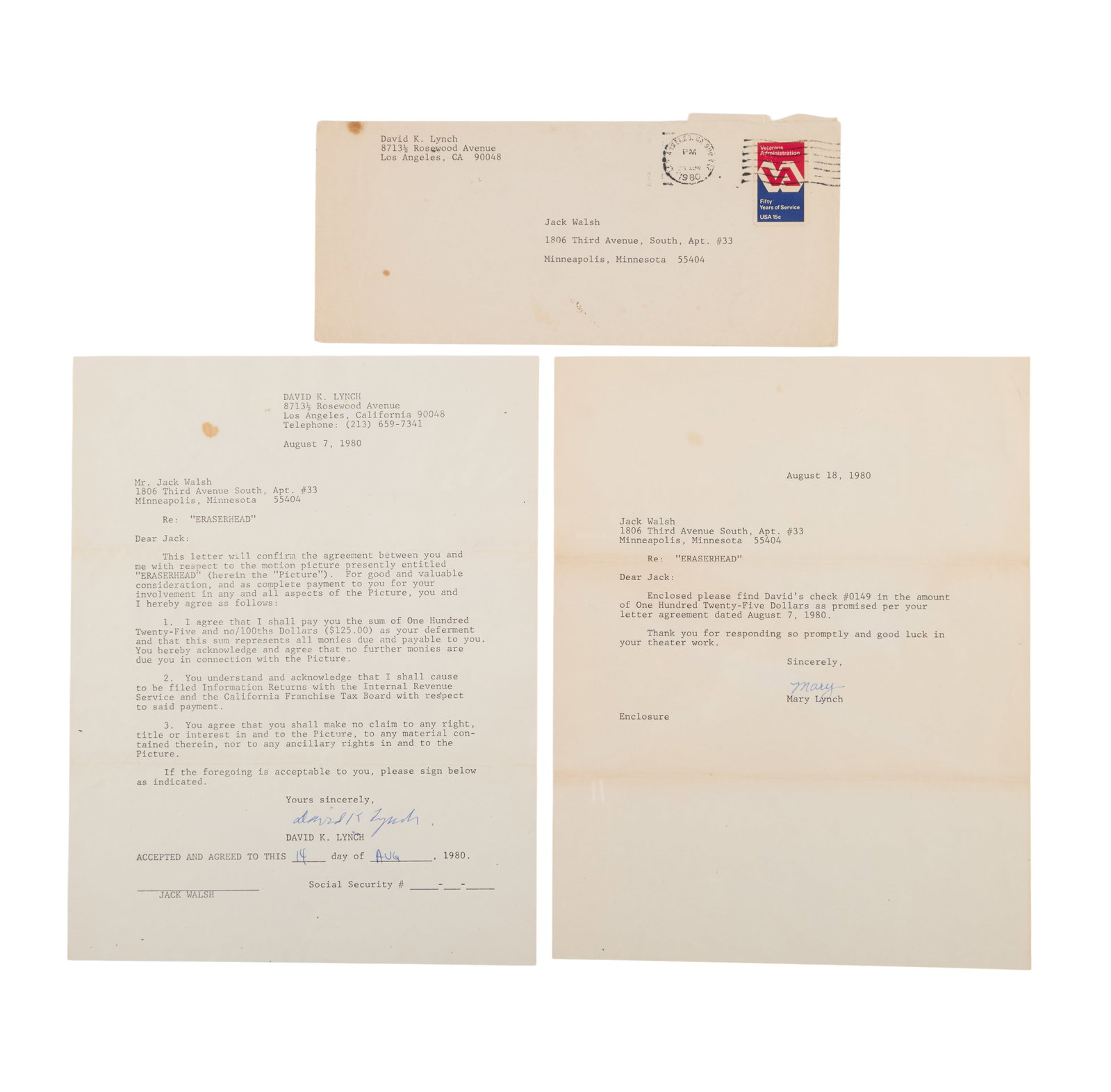 David Lynch | Signed Letter to Jack Walsh Regarding "Eraserhead": A typed letter for Jack Walsh regarding his work in the film Eraserhead (Libra Films, 1977), hand-signed by the film's director, David Lynch. The letter, from 1980, is an an official agreement to pay