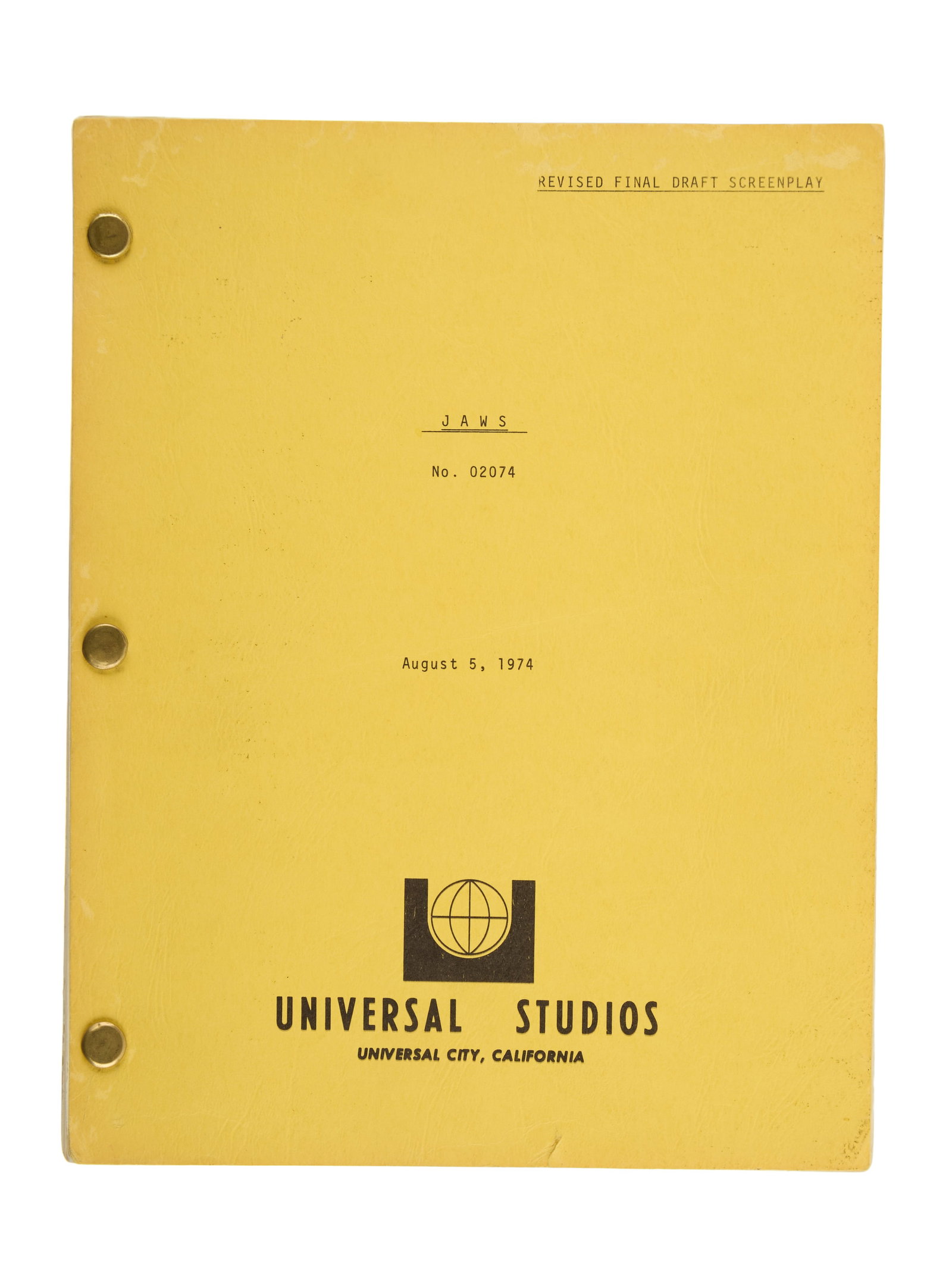 Jaws | Revised Final Draft Production Script: An original Revised Final Draft Screenplay from the production of the blockbuster classic Jaws (Universal, 1975). This script is credited to novelist and screenwriter, Peter Benchley, and dated