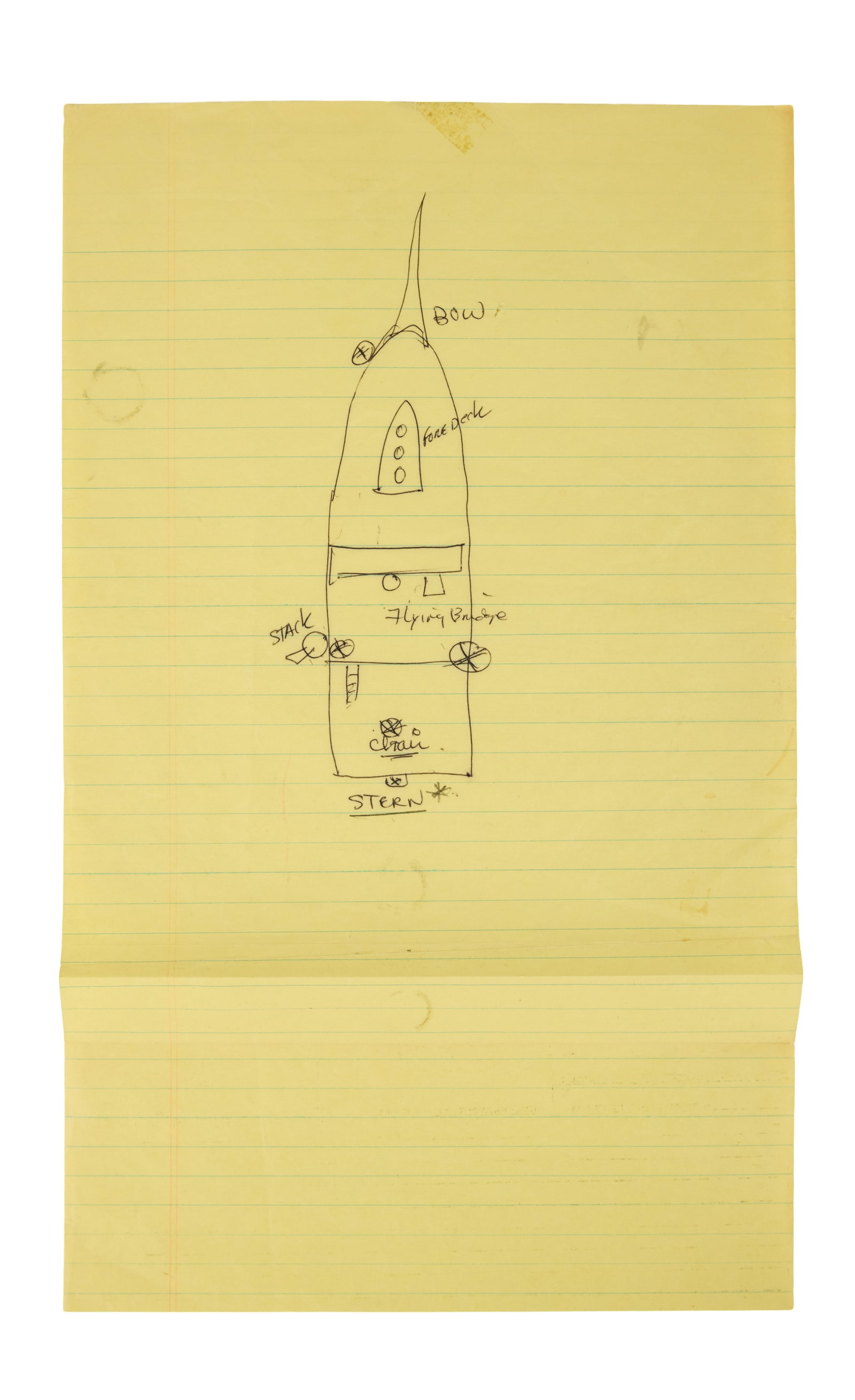 Jaws | Hand-Drawn "Orca" Sketch from Steven Spielberg Production Meeting: A never-before-seen, hand-drawn sketch of Quint's (Robert Shaw) fishing vessel, "The Orca," from the production of Steven Spielberg's blockbuster classic Jaws (Universal, 1975). This rudimentary, yet