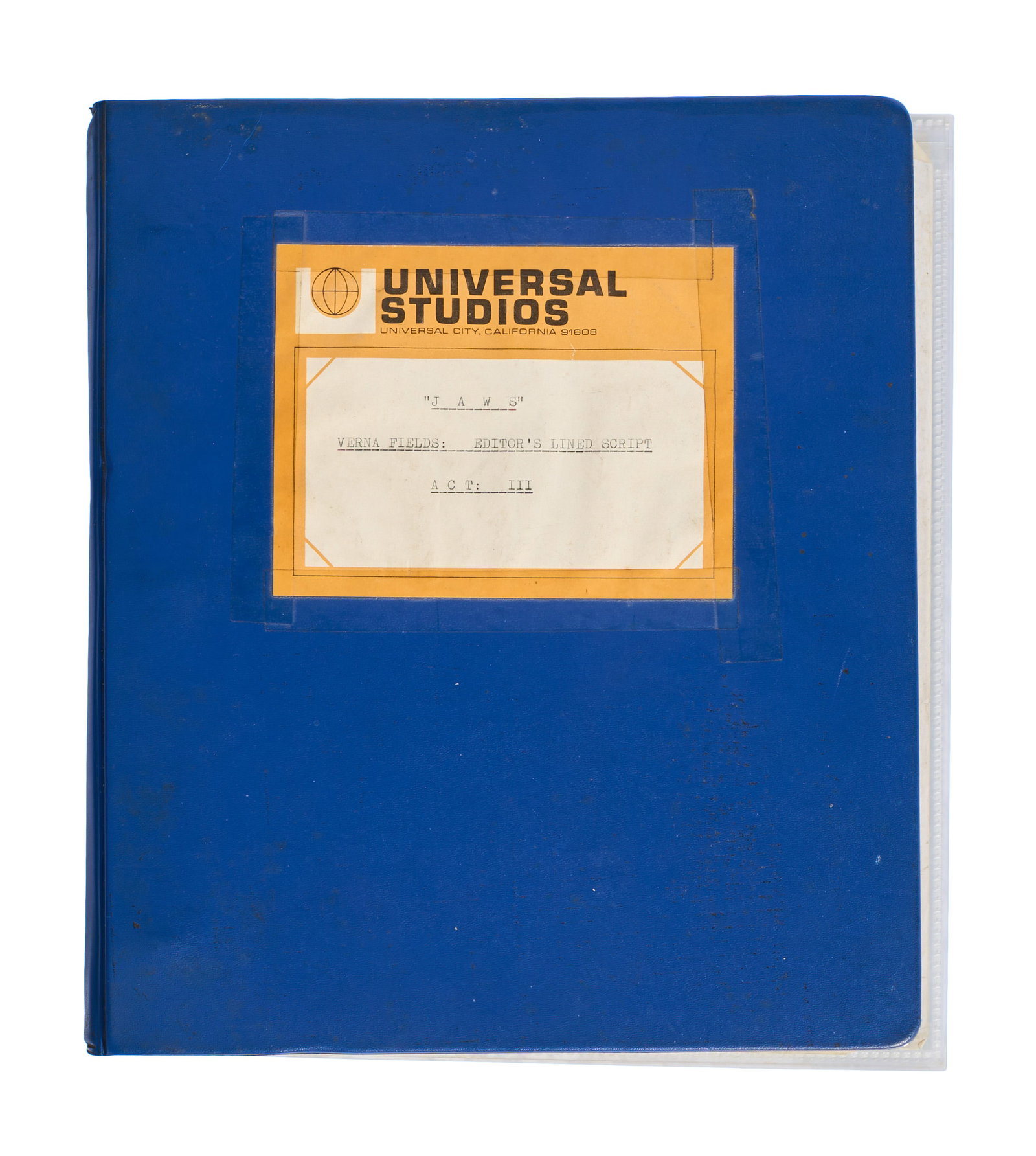 Jaws | Verna Fields' "Act III" Script Binder with Various Production Documents: A blue three-ring binder with a Universal Studios label taped to the front, which features the following typed text: "'JAWS' / VERNA FIELDS: EDITOR'S LINED SCRIPT / ACT: III." Verna Fields served as t