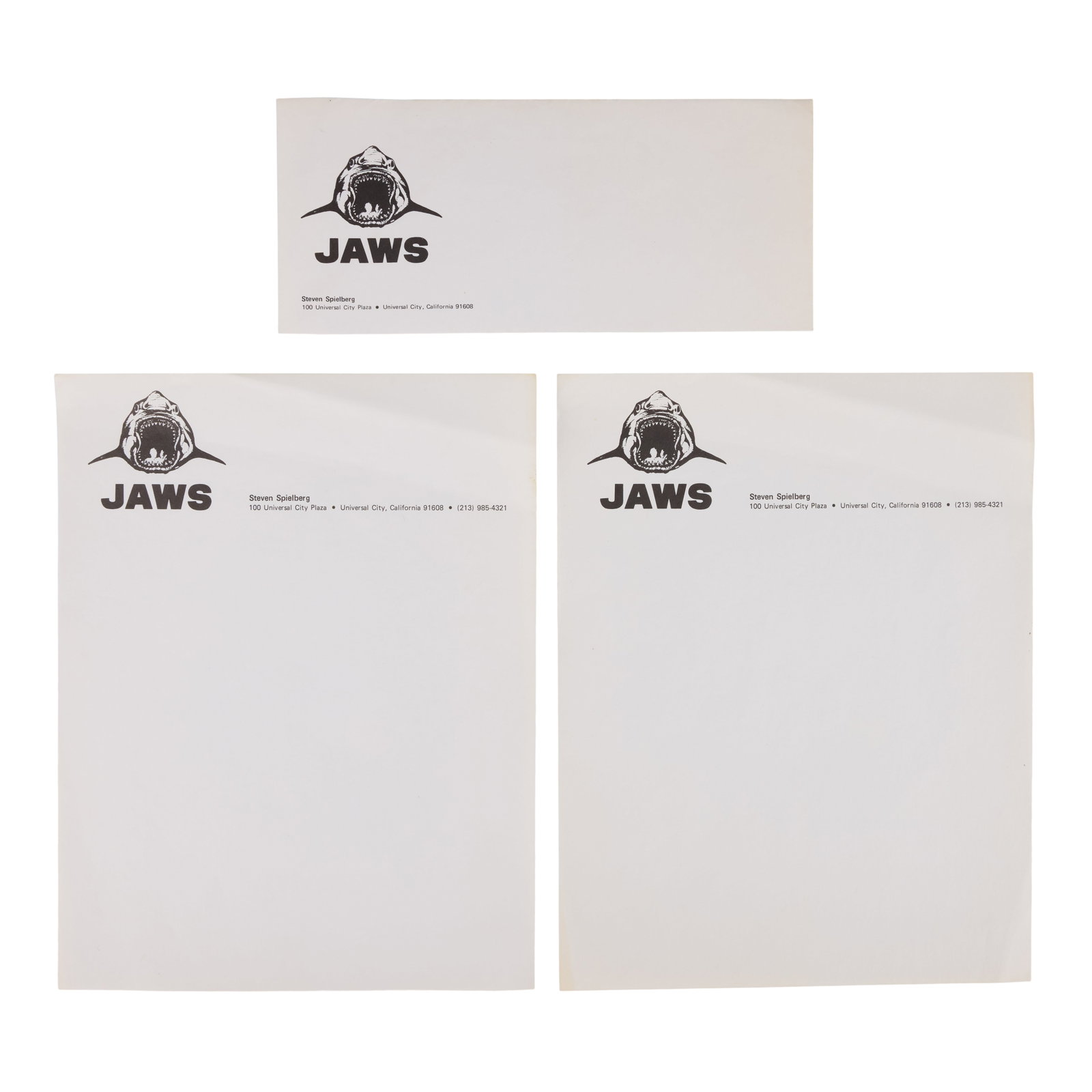 Jaws | Steven Spielberg Production Stationery: A blank sheet of stationery and an envelope personalized for director Steven Spielberg from the production of his blockbuster masterpiece Jaws (Universal, 1975). Both pieces feature Spielberg's name