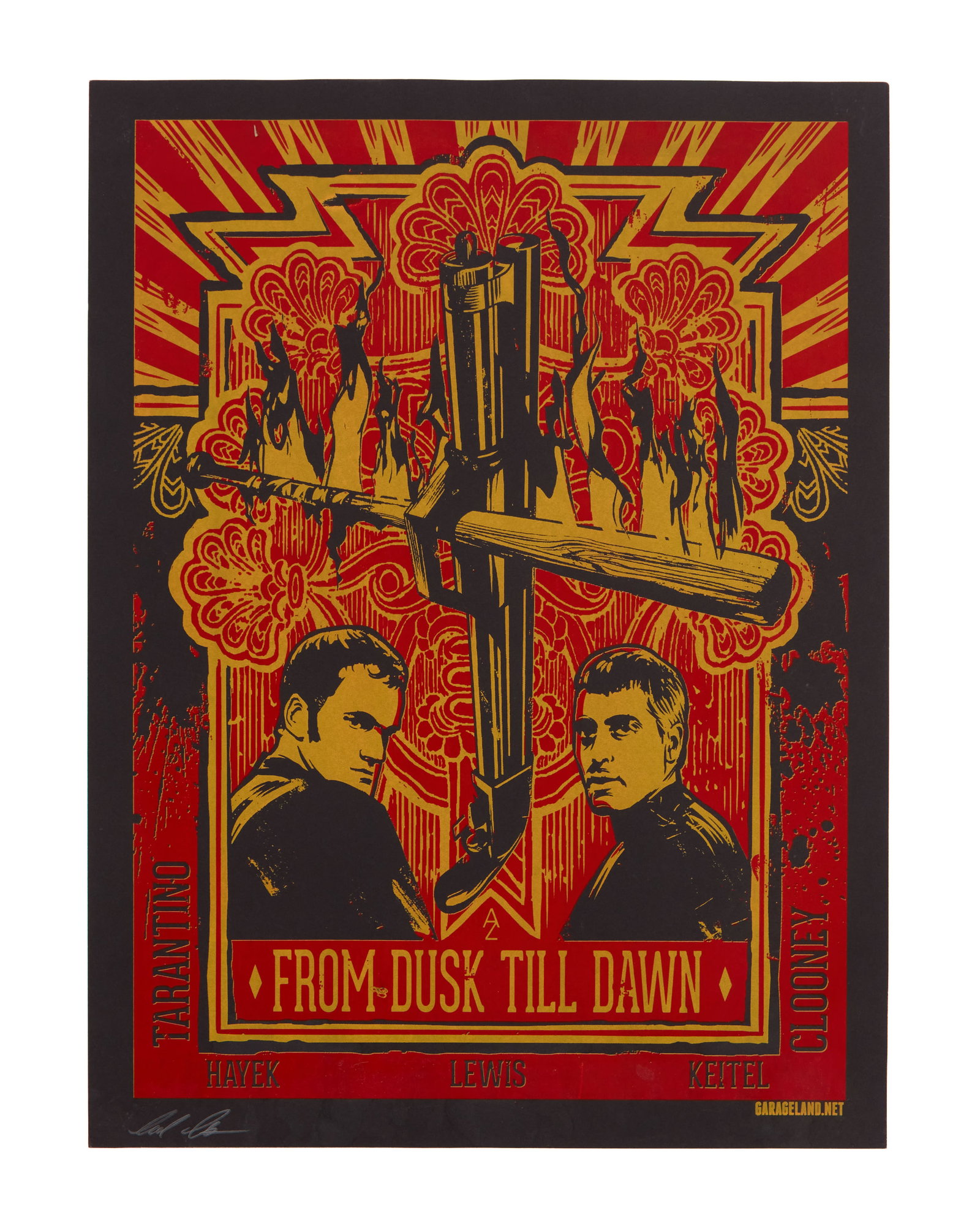 From Dusk till Dawn | Artist Signed Print: A red, black, and gold-tone print of an alternative poster for the Robert Rodrguez directed and Quentin Tarantino written film, From Dusk till Dawn (Miramax Films, 1996), by Alex Zablotsky, signed by