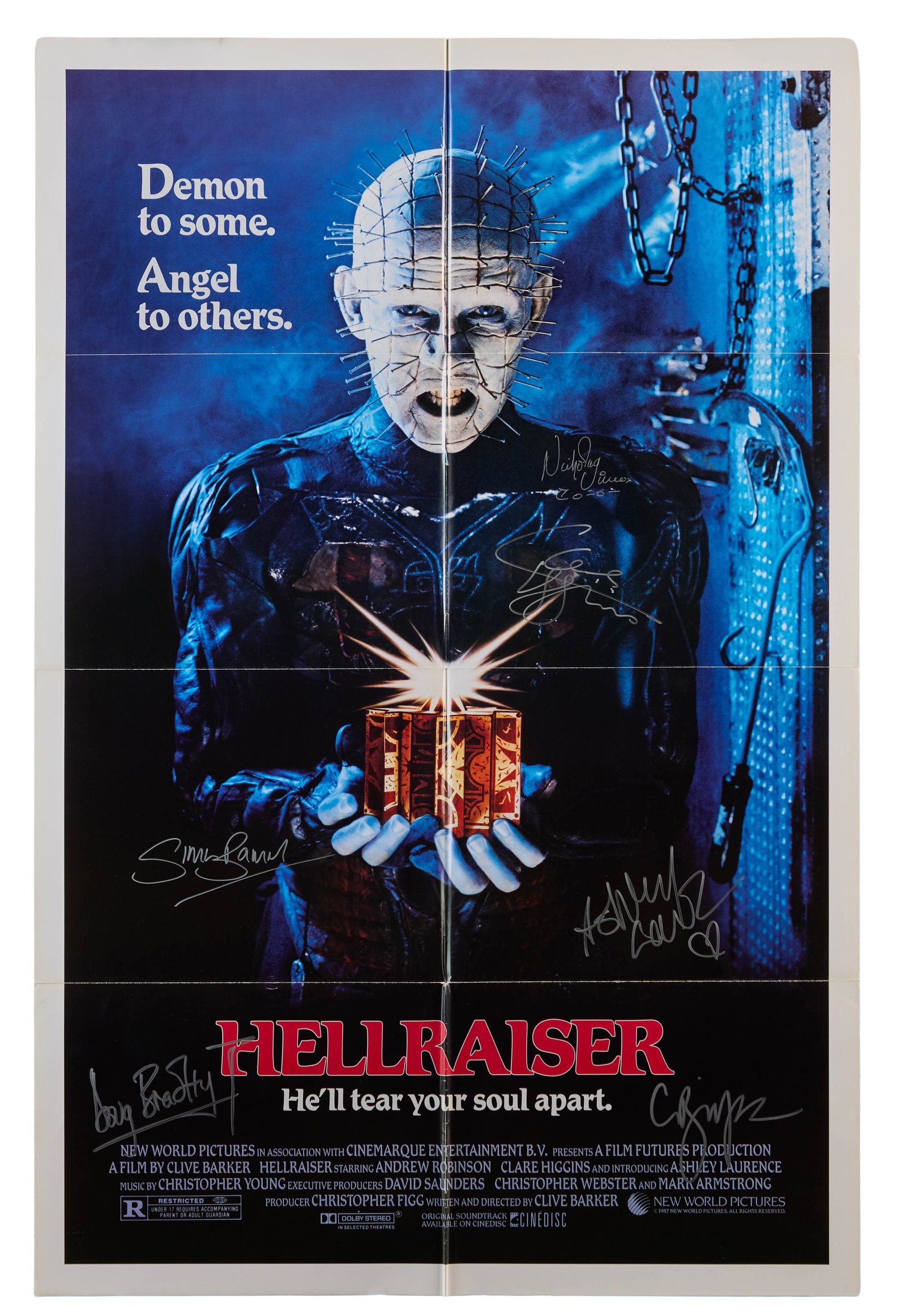 Hellraiser | Clive Barker and Cast-Signed Film Poster: New World Pictures, 1987. One-sheet poster, 27 x 41 inches. Minor fold wear. Folded. This U.S. one-sheet poster for the horror classic Hellraiser (1987, New World Pictures) has been signed by
