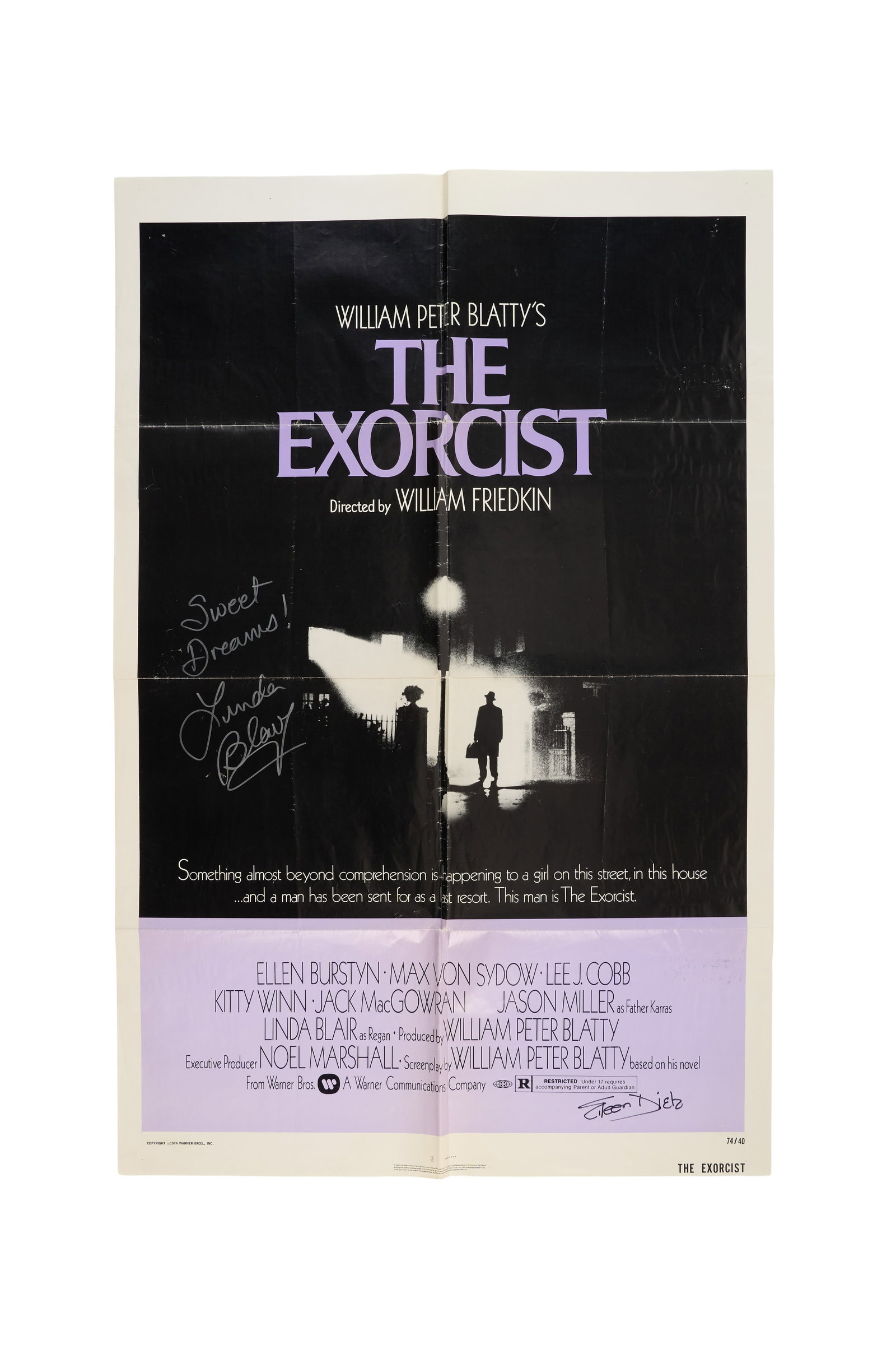 The Exorcist | Linda Blair and Eileen Dietz Signed Poster: A 1974 one-sheet poster for William Friedkin's horror classic The Exorcist (Warner Bros, 1973), signed by the film's stars Linda Blair and Eileen Dietz.