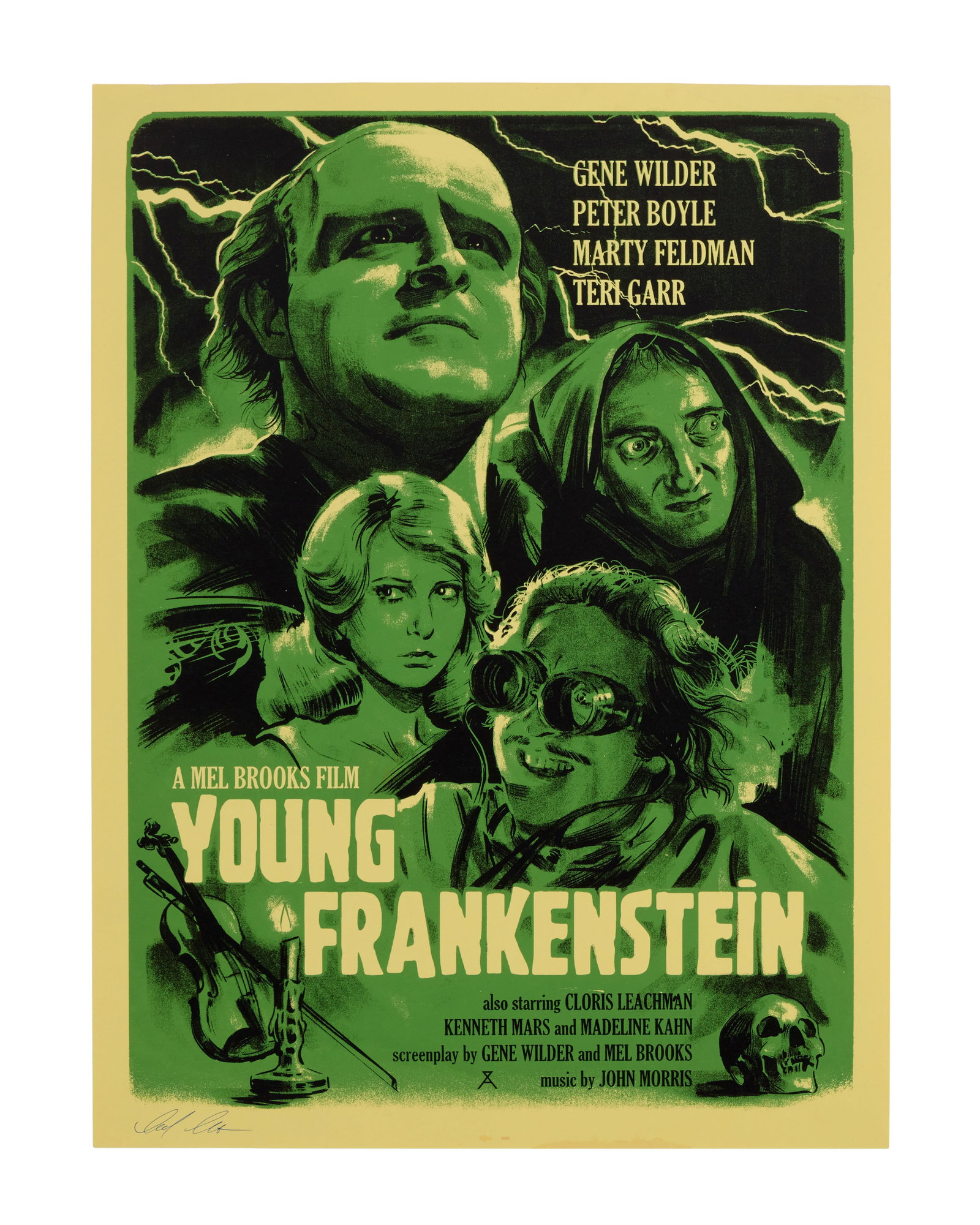 Young Frankenstein | Artist Signed Print: A green, yellow, and black print of an alternative poster for the Mel Brooks directed film, Young Frankenstein (20th Century Fox, 1974), by Alex Zablotsky, signed by the artist. Minor handling wear.