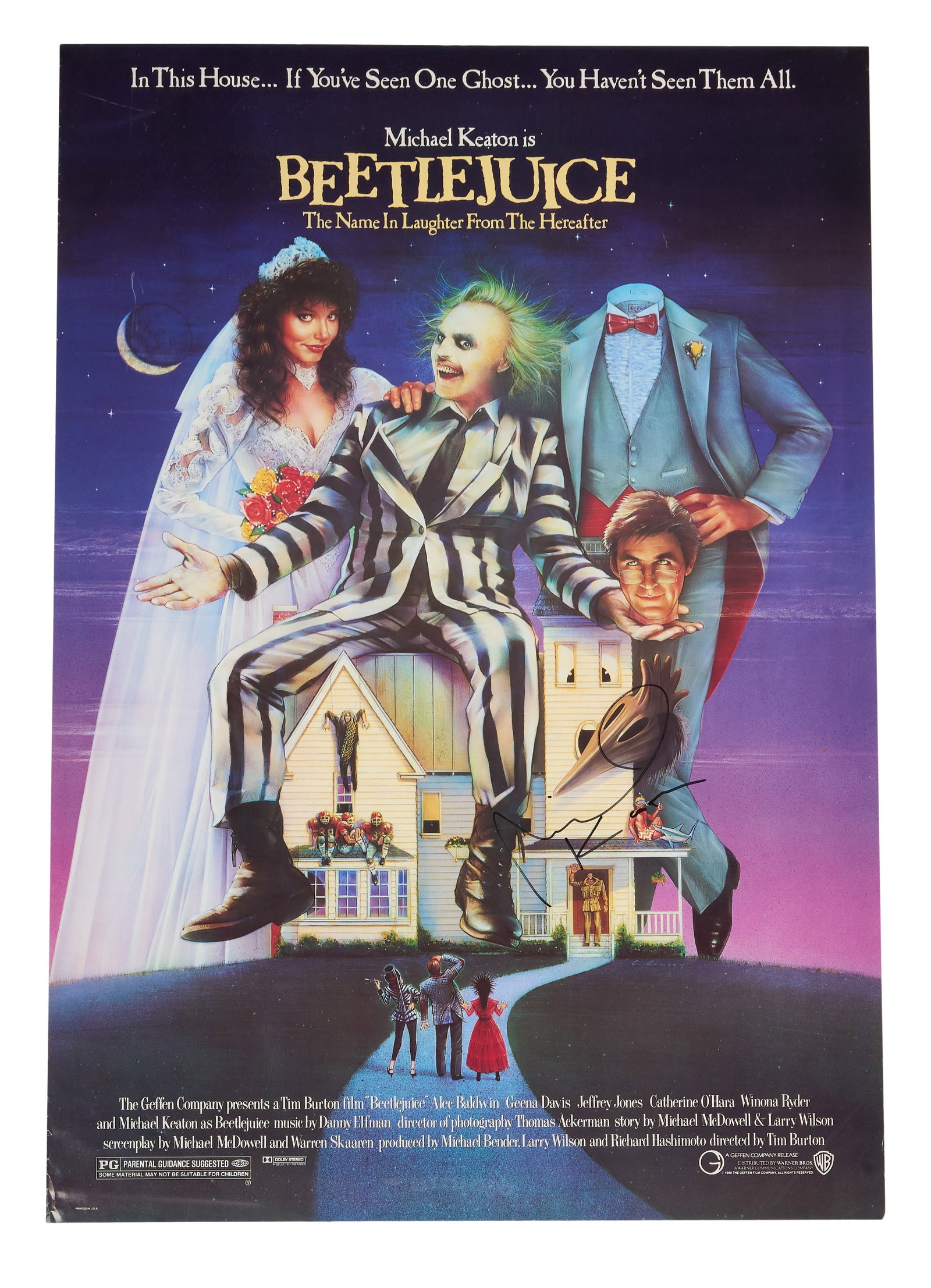 Beetlejuice | Michael Keaton Signed Movie Poster: Warner Bros., 1988. One-sheet poster, 27 x 40 inches. Some edge wear, especially on the bottom left side. Signed by Michael Keaton (Betelgeuse) in black pen. Rolled. Director Tim Burton's second