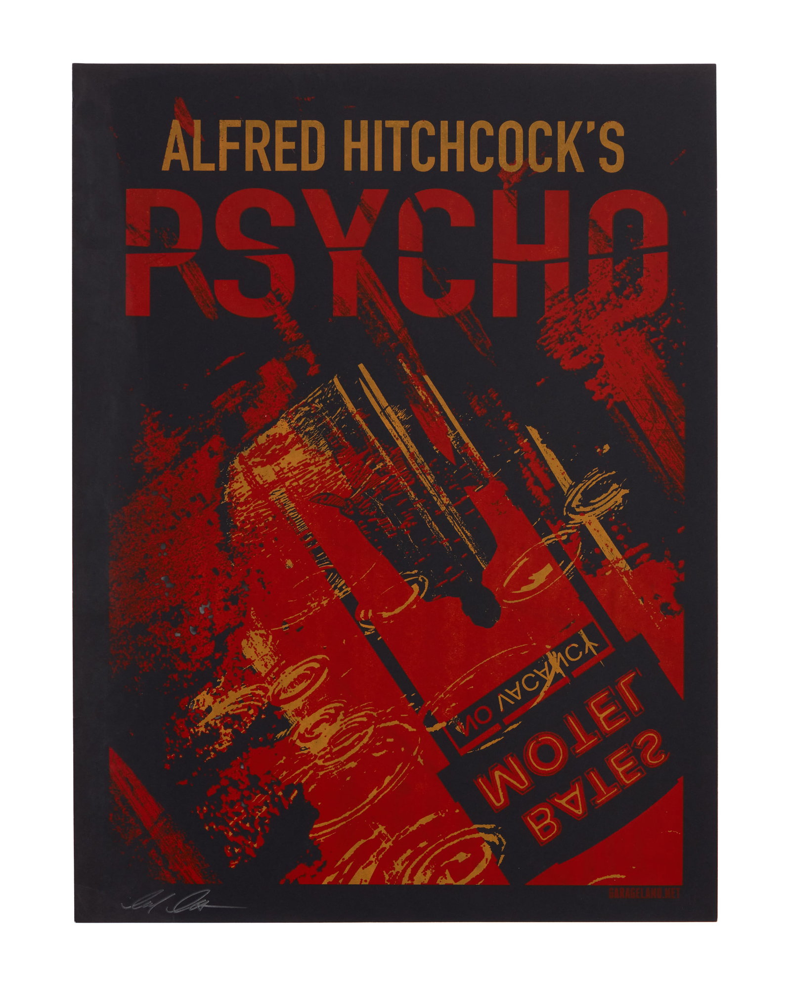 Psycho | Artist Signed Print: A red, black, and gold-tone print of an alternative poster for the Alfred Hitchcock directed film, Psycho (Paramount Pictures, 1960), by Alex Zablotsky, signed by the artist. Minor handling wear.
