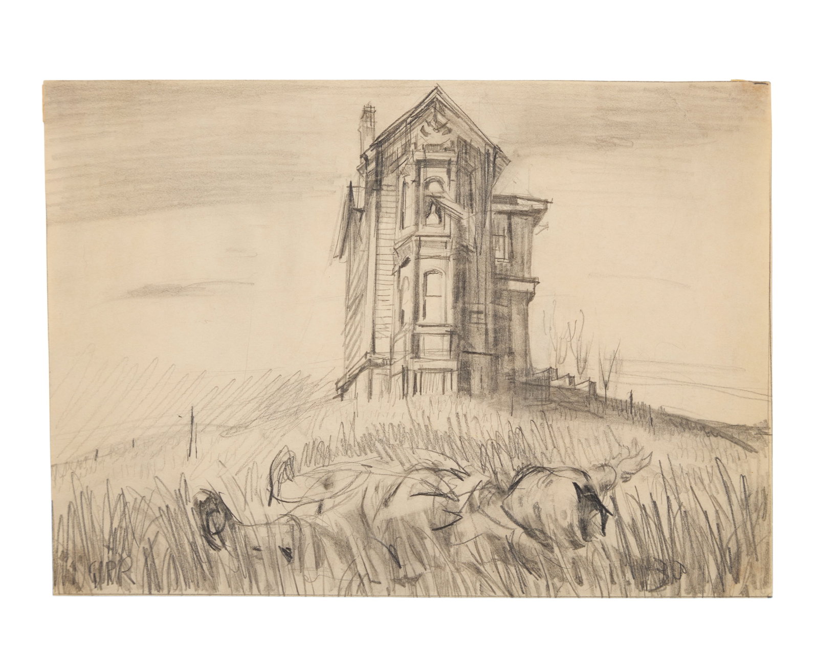 Alfred Hitchcock | Jaroslav Gebr Original Concept Sketches: Two original pencil concept sketches by artist Jaroslav Gebr for Alfred Hitchcock. Both images depict a broken baby doll in a field in front of an intimidating-looking house where the shape of a