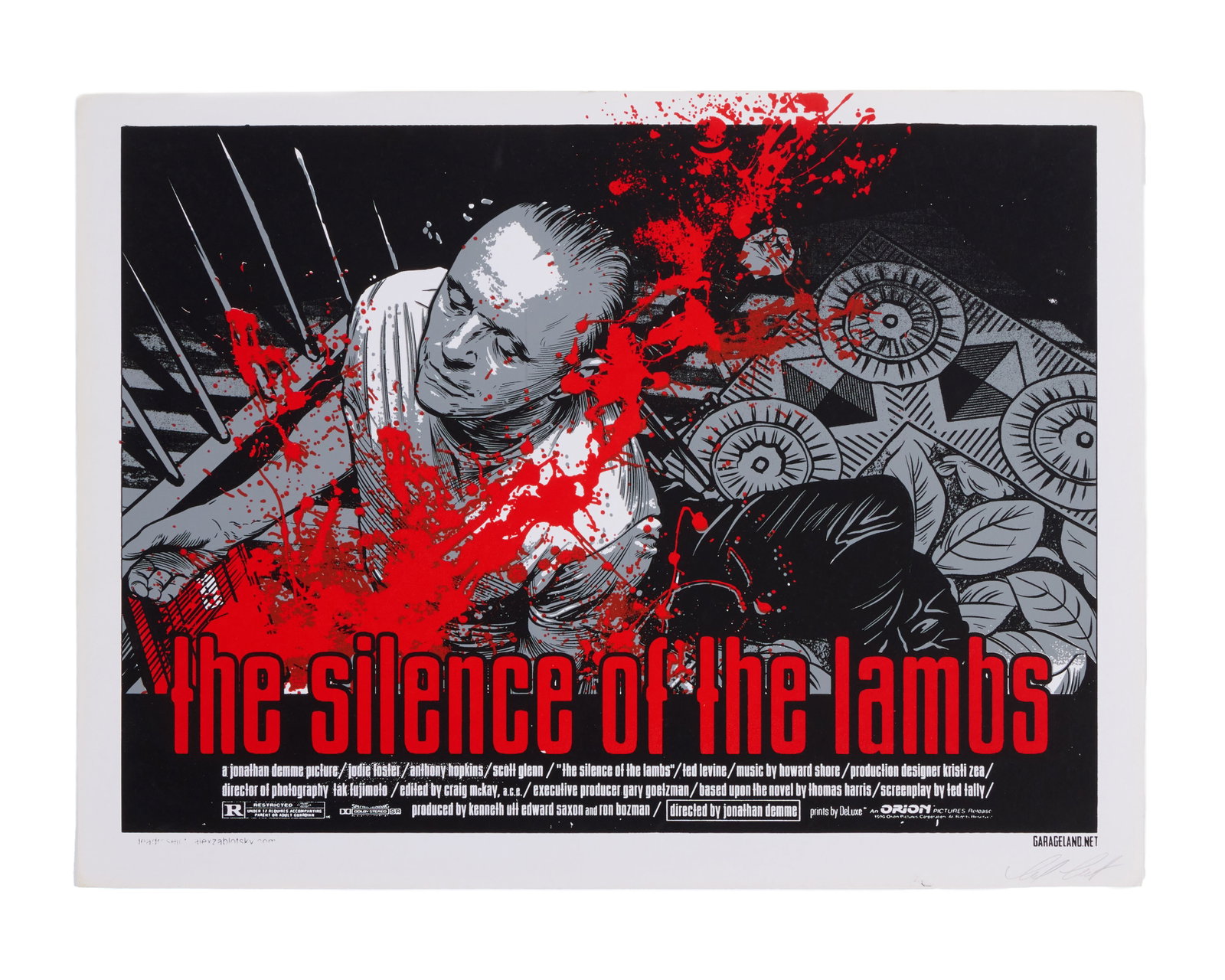 The Silence of the Lambs | Artist Signed Print: A white, red, black, and gray print of an alternative poster for the Jonathan Demme directed film, The Silence of the Lambs (Orion Pictures, 1991), by Alex Zablotsky, signed by the artist. Minor