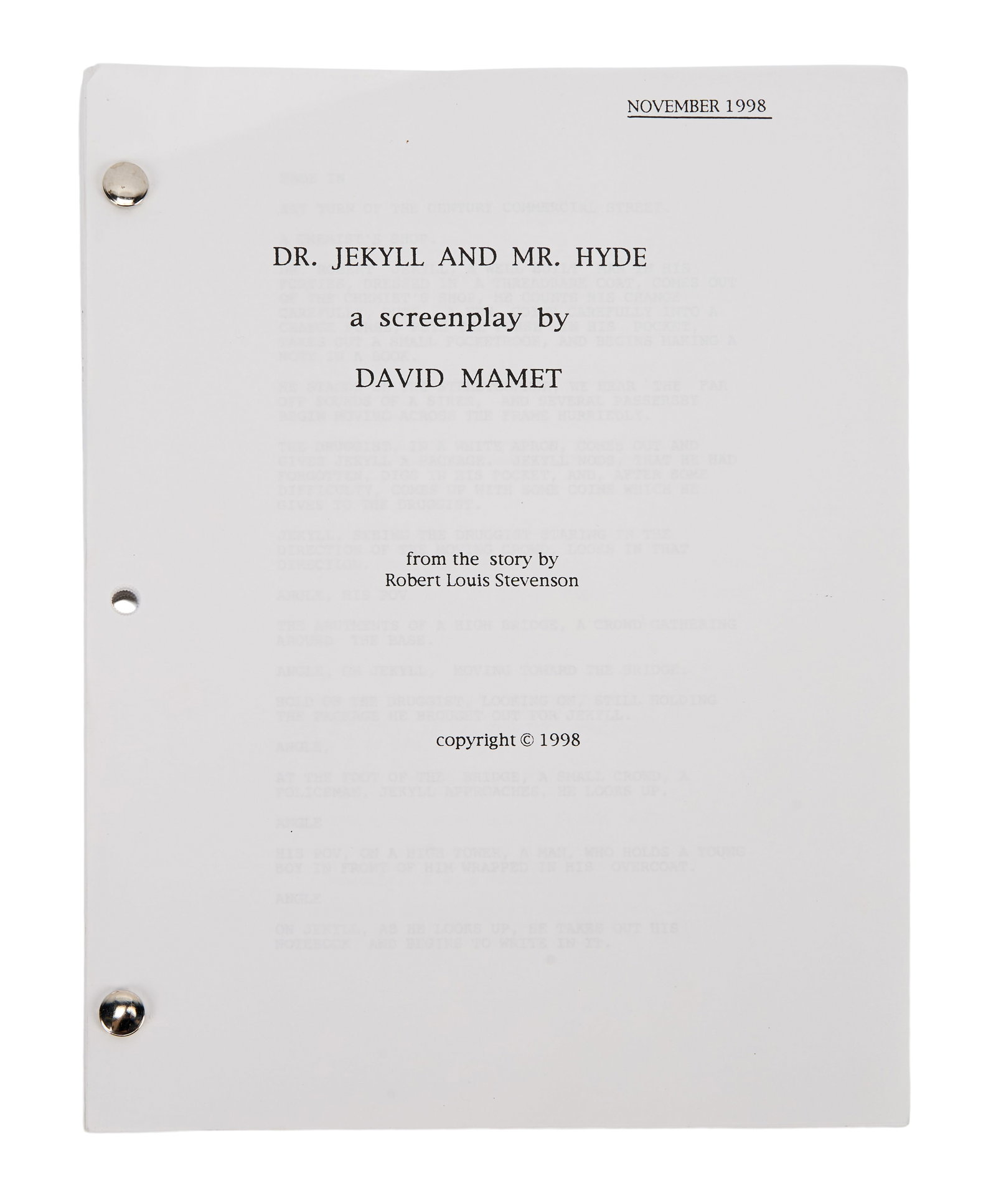 David Mamet | Unmade 1998 "Dr. Jekyll and Mr. Hyde" Screenplay: A screenplay by David Mamet based on Robert Louis Stevenson's classic horror story, "Dr. Jekyll and Mr. Hyde," for an ultimately unmade film adaptation. The film was set to star Al Pacino in the