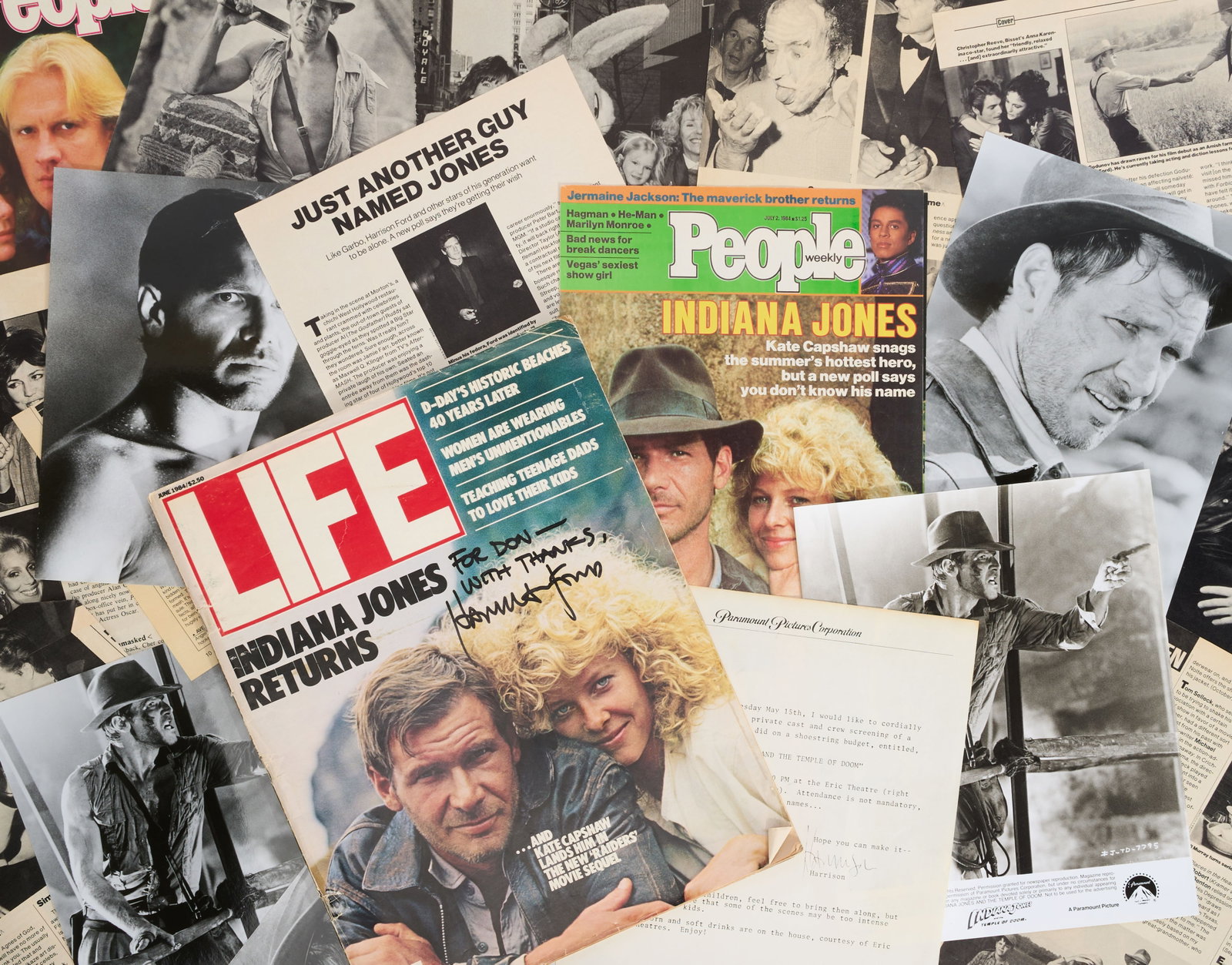 Indiana Jones | Harrison Ford Signed Life Magazine: A copy of the June 1984 edition of Life Magazine featuring a cover story about Indiana Jones and the Temple of Doom (Paramount, 1984) with a photo of Harrison Ford and Kate Capshaw. The cover is