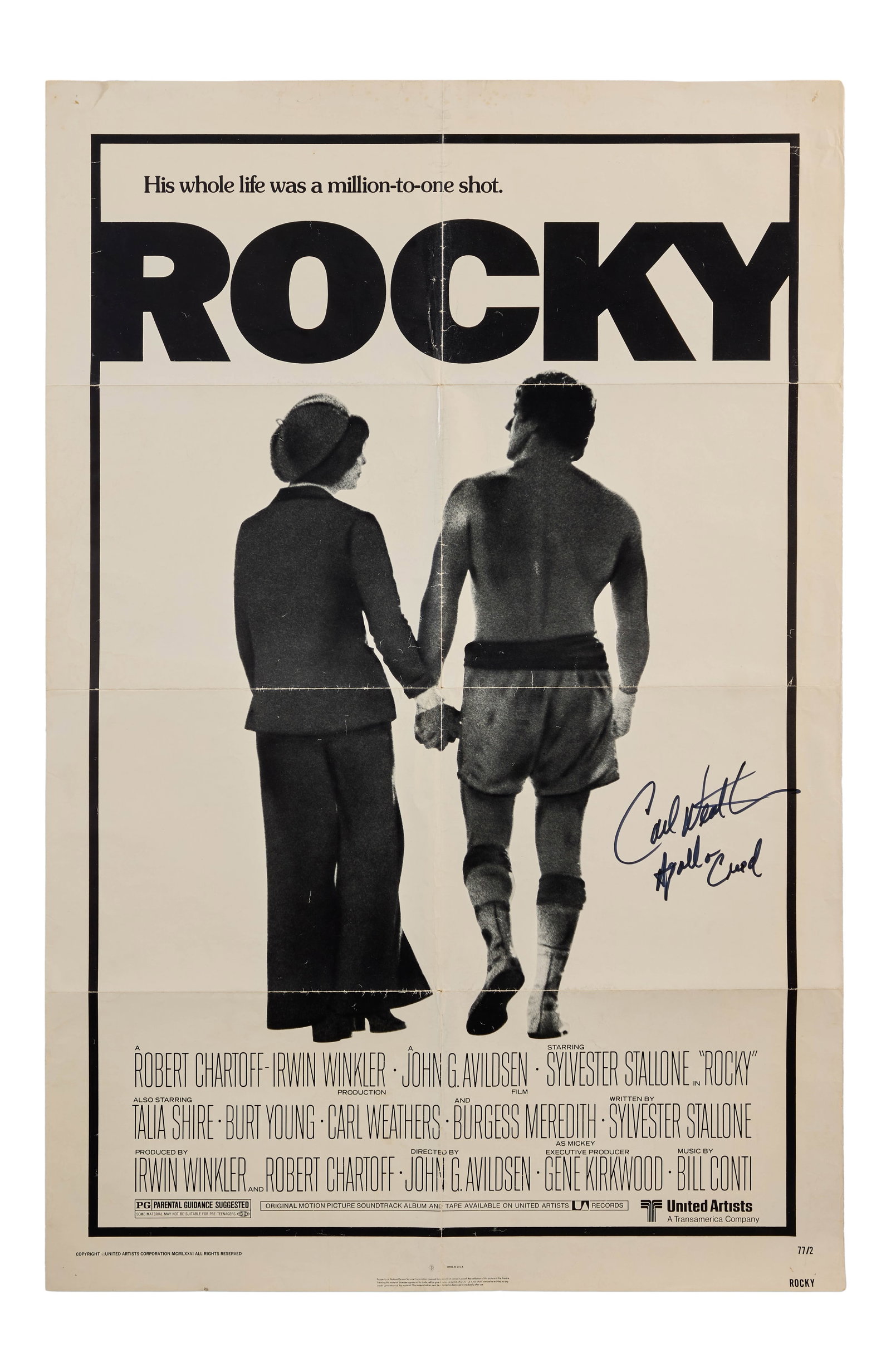 Rocky | Carl Weathers Signed Poster: United Artists, 1977. One-sheet poster, 27 x 41 inches. A small tear on the top left; pinholes at each corner; some spotting at the top; and moderate fold wear. Folded. Signed and inscribed with his