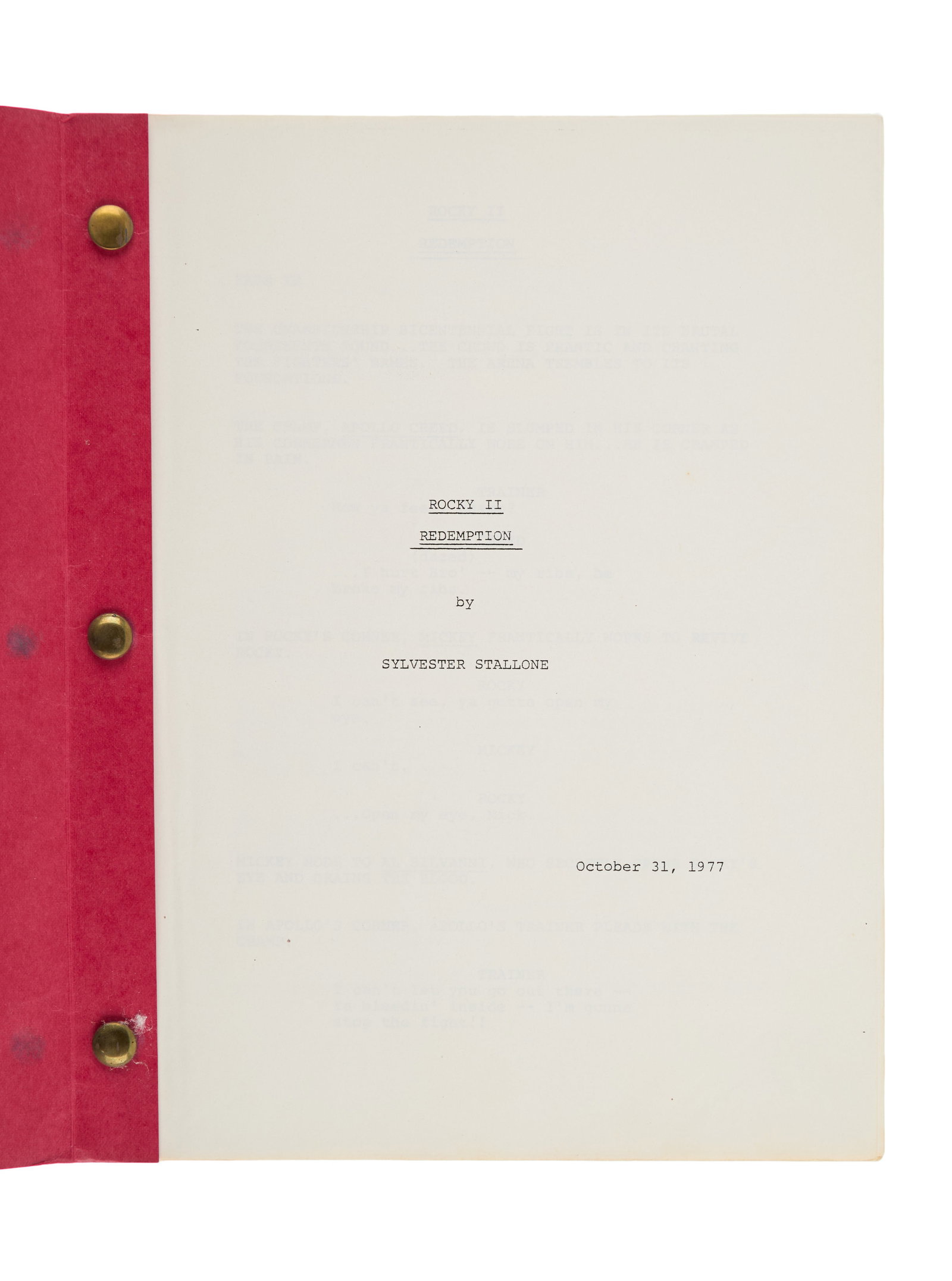 Rocky II | Production Script: An original production script for Rocky II (United Artists, 1979), the celebrated sequel that turned Rocky into a franchise. Written by Sylvester Stallone, who wrote and starred in all the Rocky films
