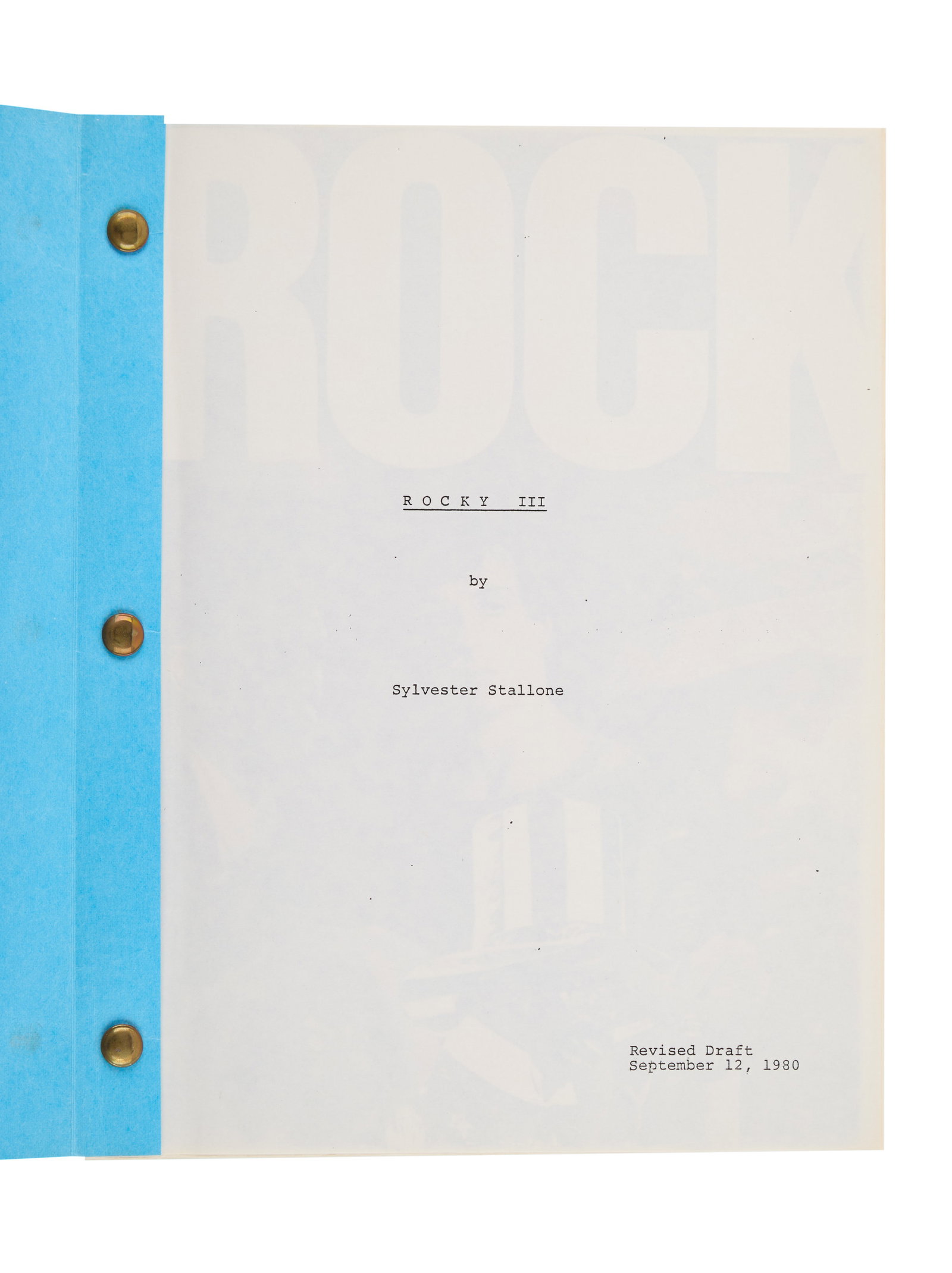 Rocky III | Production Script: An original production script for Rocky III (MGM/UA, 1982), the third installment in the iconic sports drama franchise. Written by Sylvester Stallone, who wrote and starred in all the Rocky films, thi