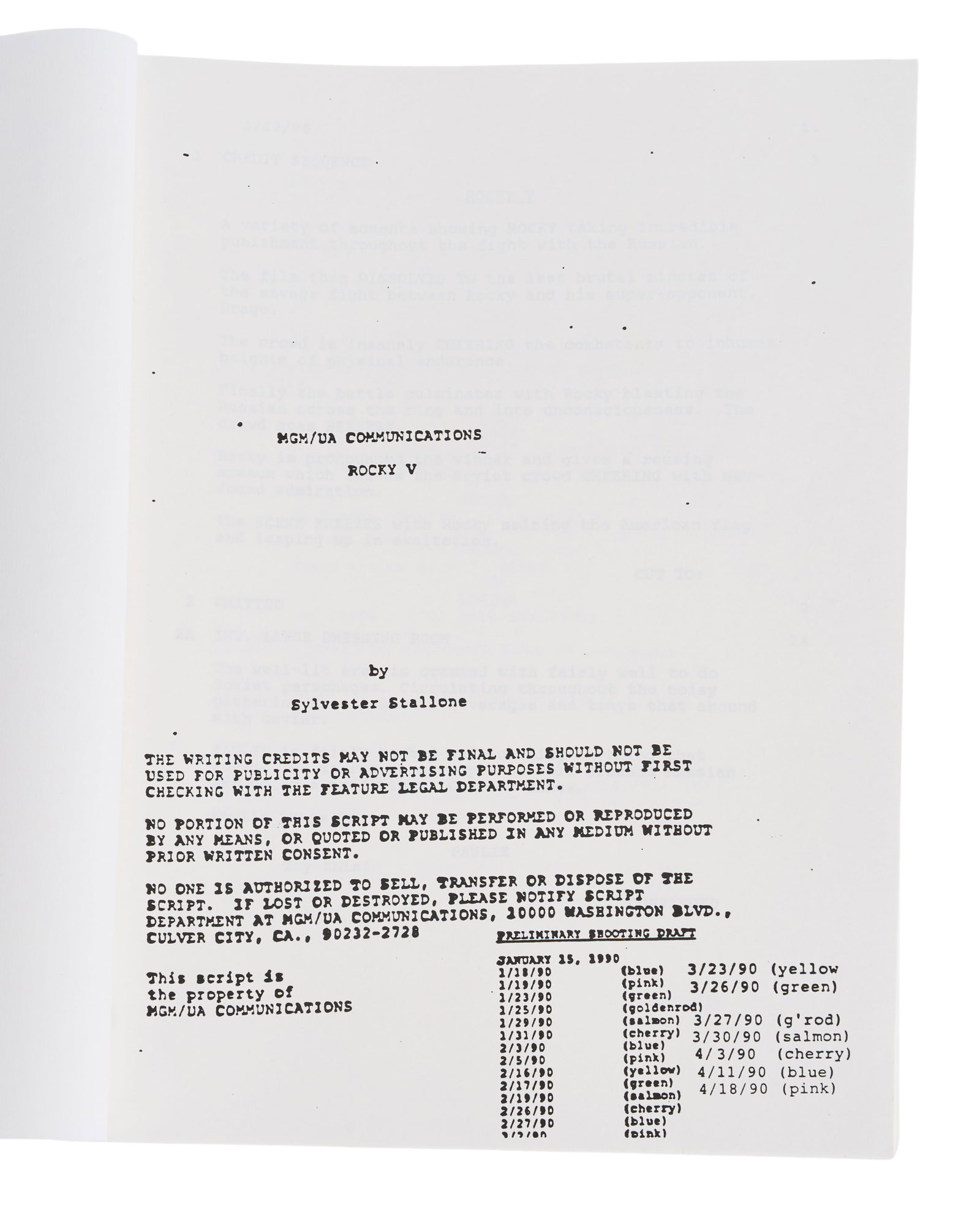 Rocky V | Production Script: An original production script for Rocky V (United Artists, 1990), the fifth installment in one of the most famous sports film series of all time, written by and starring Sylvester Stallone. Dated to