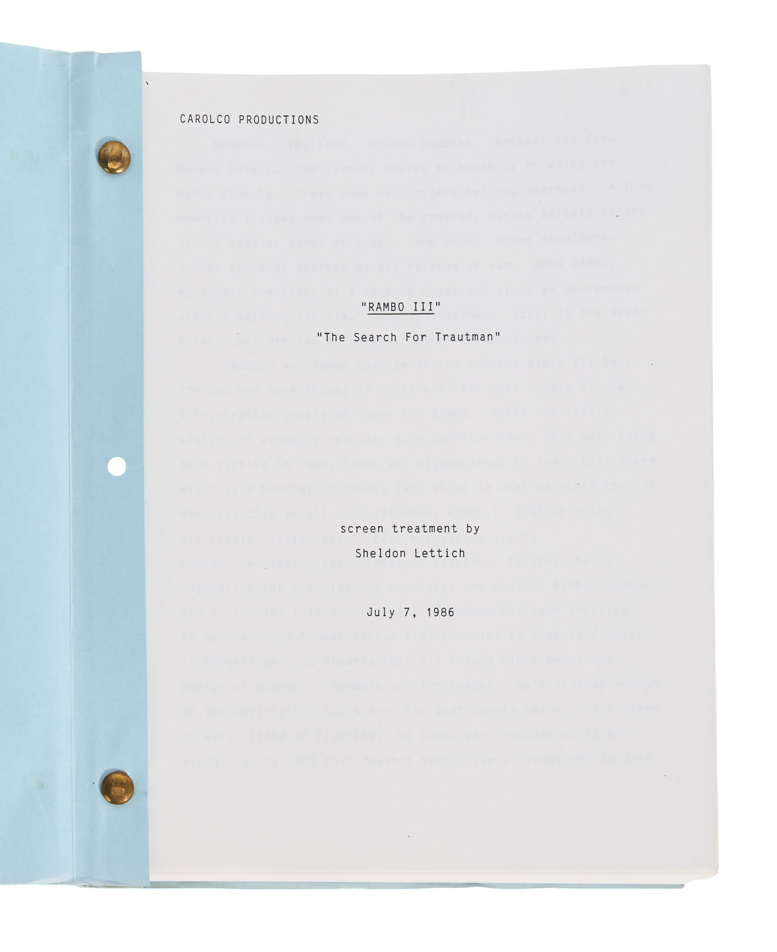 Rambo III | Production Script Drafts, Treatment, and Revisions Outline: An original collection of documents from the production of Rambo III (Tri-Star, 1988), the third installment in the famous action series. Included are the film's 21-page screen treatment, dated to