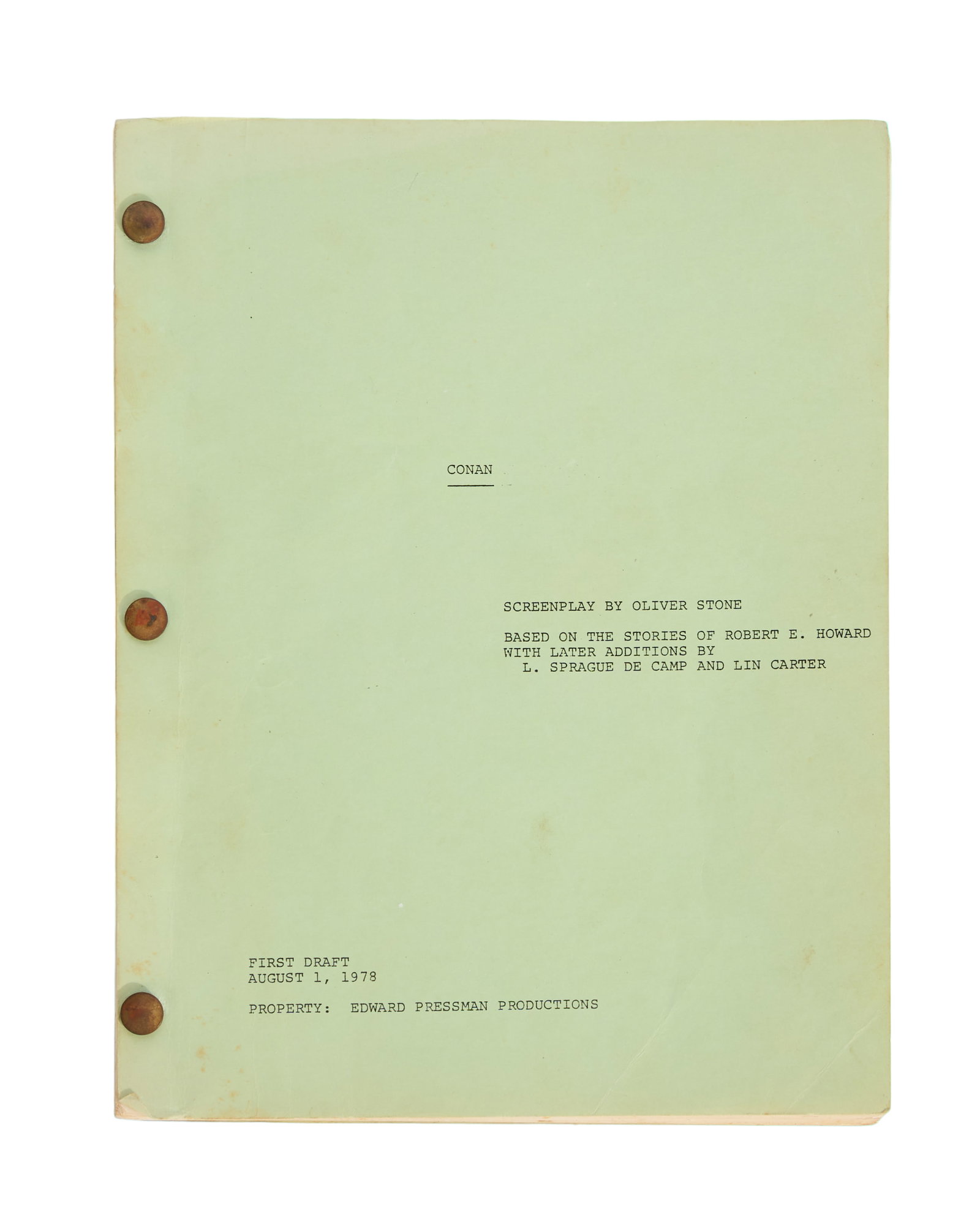 Conan the Barbarian | Production Script: An original production script for the classic swords-and-sorcery fantasy film Conan the Barbarian (Universal, 1982). The script is designated on the title page as a first draft, attributed solely to O