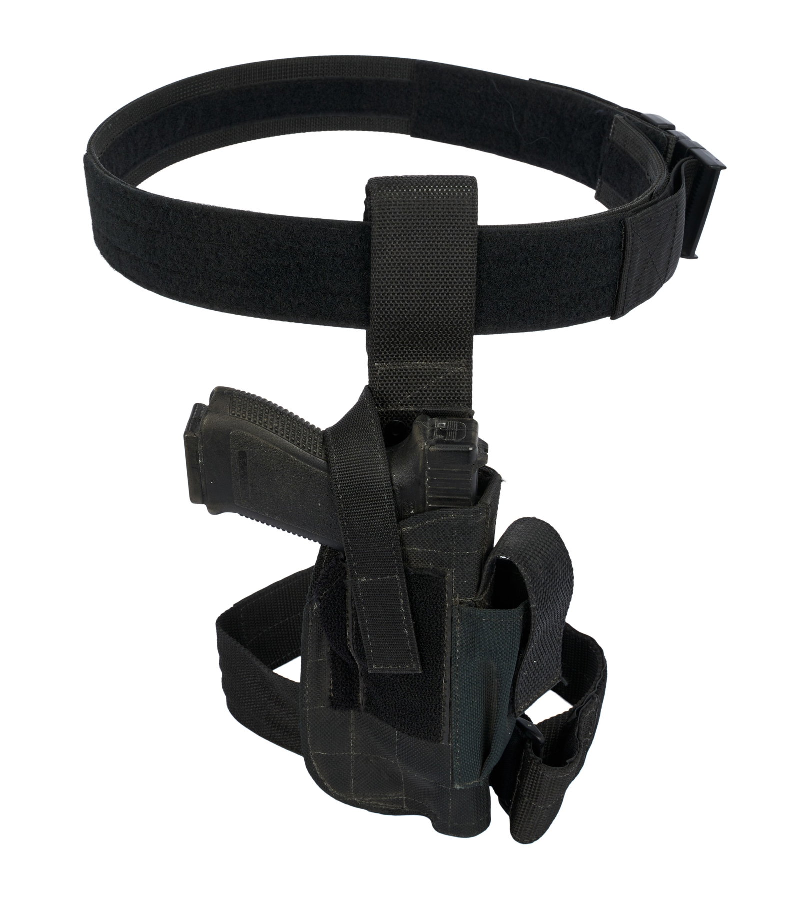 Eraser | John Kruger (Arnold Schwarzenegger) Belt and Gun Props: A nylon utility belt and stunt gun prop from the production of Eraser (Warner Bros., 1996). The black nylon utility belt includes Velcro fastenings and a plastic e-shaped buckle, along with a nylon