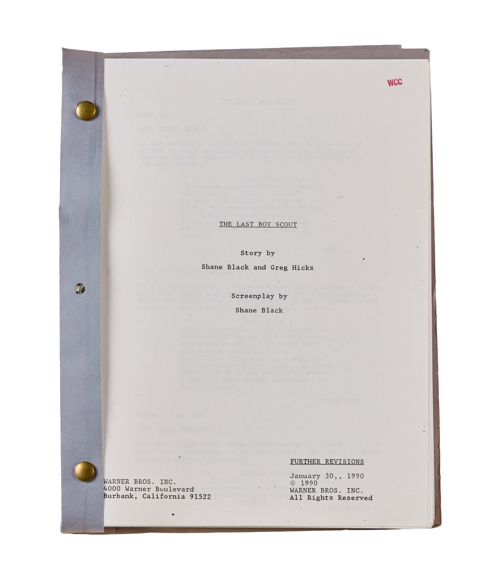 Shane Black | Production Scripts - "The Last Boy Scout" and "Last Action Hero": A pair of original production scripts for films written and directed by Shane Black. The first is a "further revised" edition of the screenplay for The Last Boy Scout (Warner Bros., 1991), the first d