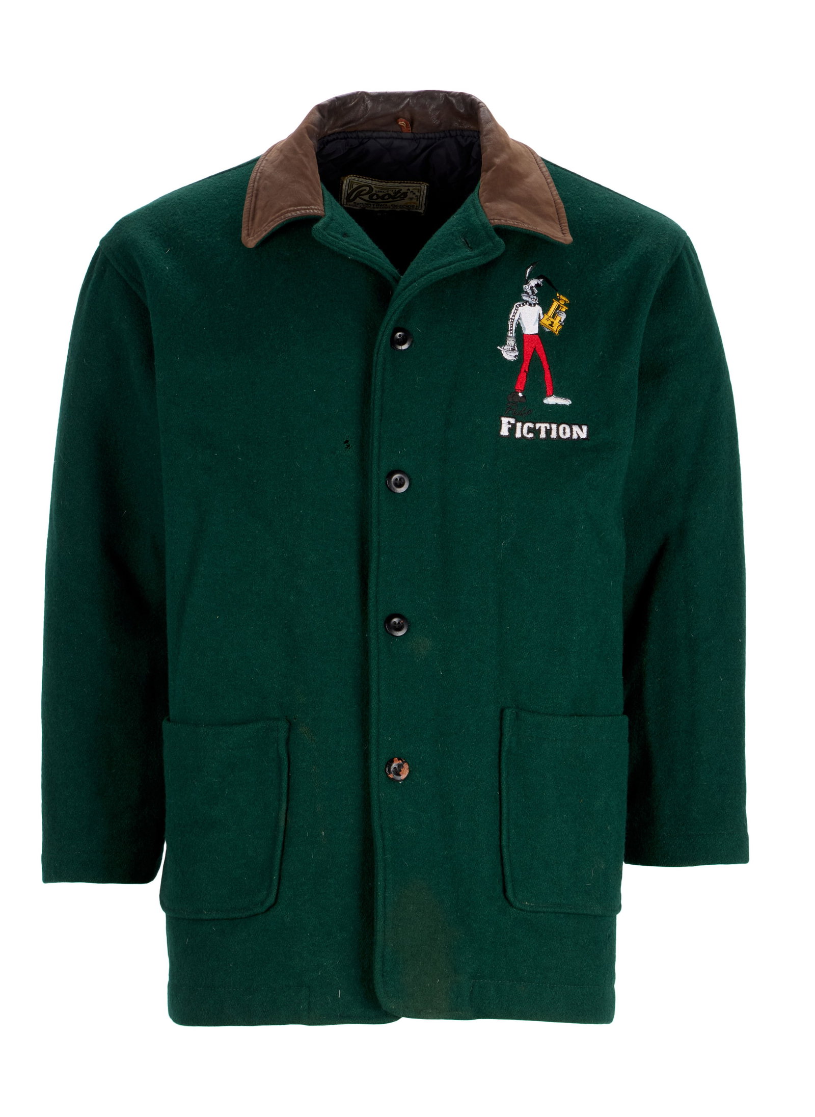Pulp Fiction | Cast and Crew "Jack Rabbit Slims" Jacket: A "Jack Rabbit Slims" oversized wool jacket, given to the cast and crew of Quentin Tarantino's cult-classic Pulp Fiction (Miramax, 1994). An olive-green wool jacket with a brown suede collar, two