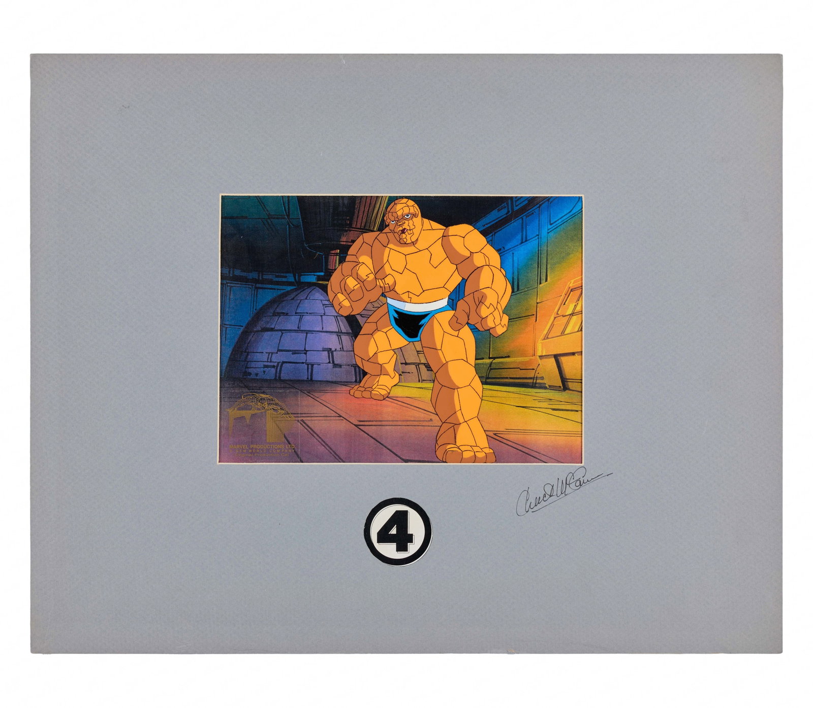 The Fantastic Four | Signed "The Thing" Animation Cel: An animation cel from The Fantastic Four (Syndicated, 1994-1996) featuring the character of "The Thing," housed in a gray mat featuring the Fantastic Four's numerical logo, and signed on the mat by