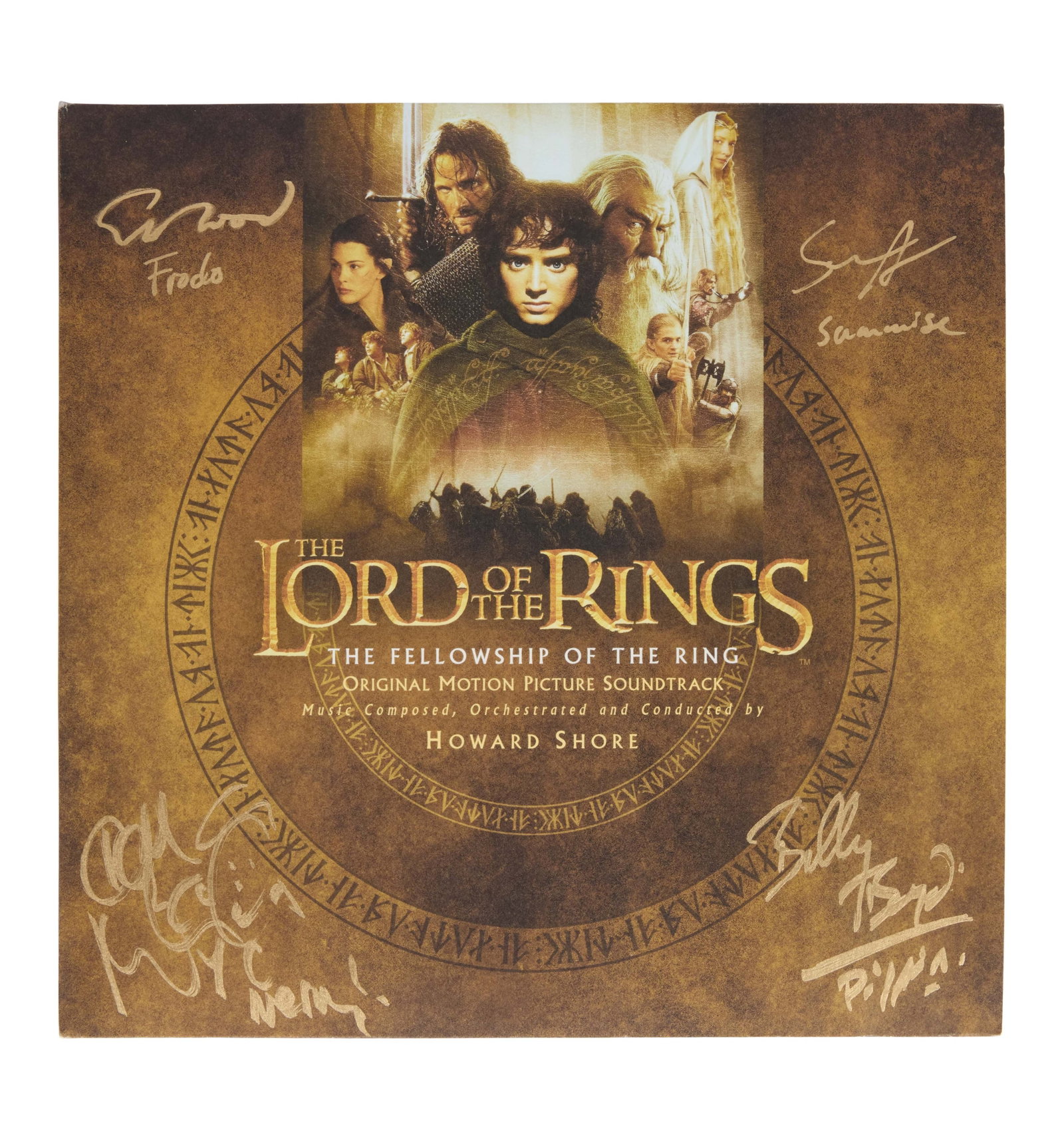 The Lord of the Rings: The Fellowship of the Ring | Multi-Signed Record Album: The Original Motion Picture Soundtrack for The Lord of the Rings: The Fellowship of the Ring (New Line Cinema, 2001) on vinyl, signed by cast members Elijah Wood (Frodo), Sean Astin (Sam), Billy Boyd