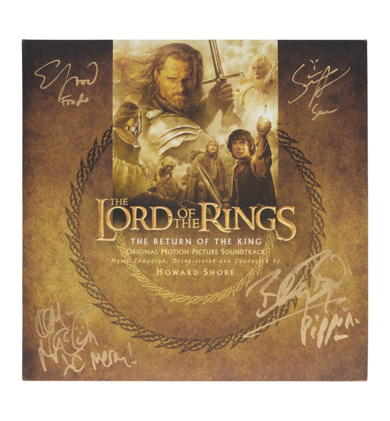The Lord of the Rings: The Return of the King | Multi-Signed Record Album: The Original Motion Picture Soundtrack for The Lord of the Rings: The Return of the King (New Line Cinema, 2003) on vinyl, signed by cast members Elijah Wood (Frodo), Sean Astin (Sam), Billy Boyd
