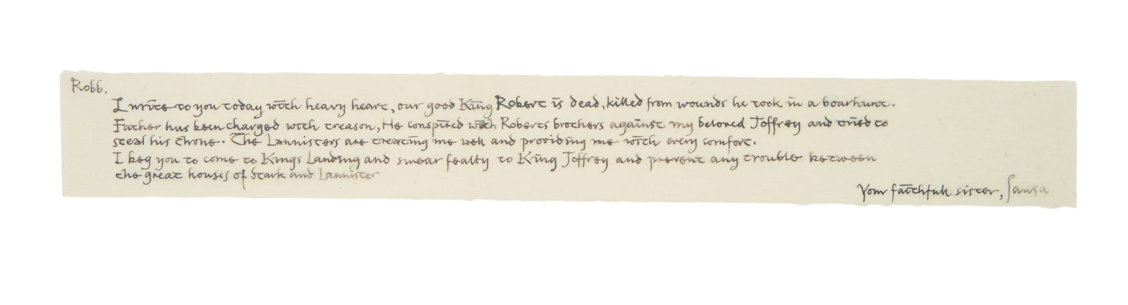 Game of Thrones | Sansa Stark Scroll to Robb Stark: A prop scroll, from the production of Game of Thrones (HBO, 2011-2019). A strip of translucent parchment paper with black text. Measures 2 x 15 inches (flat). In original prop bag, with partial