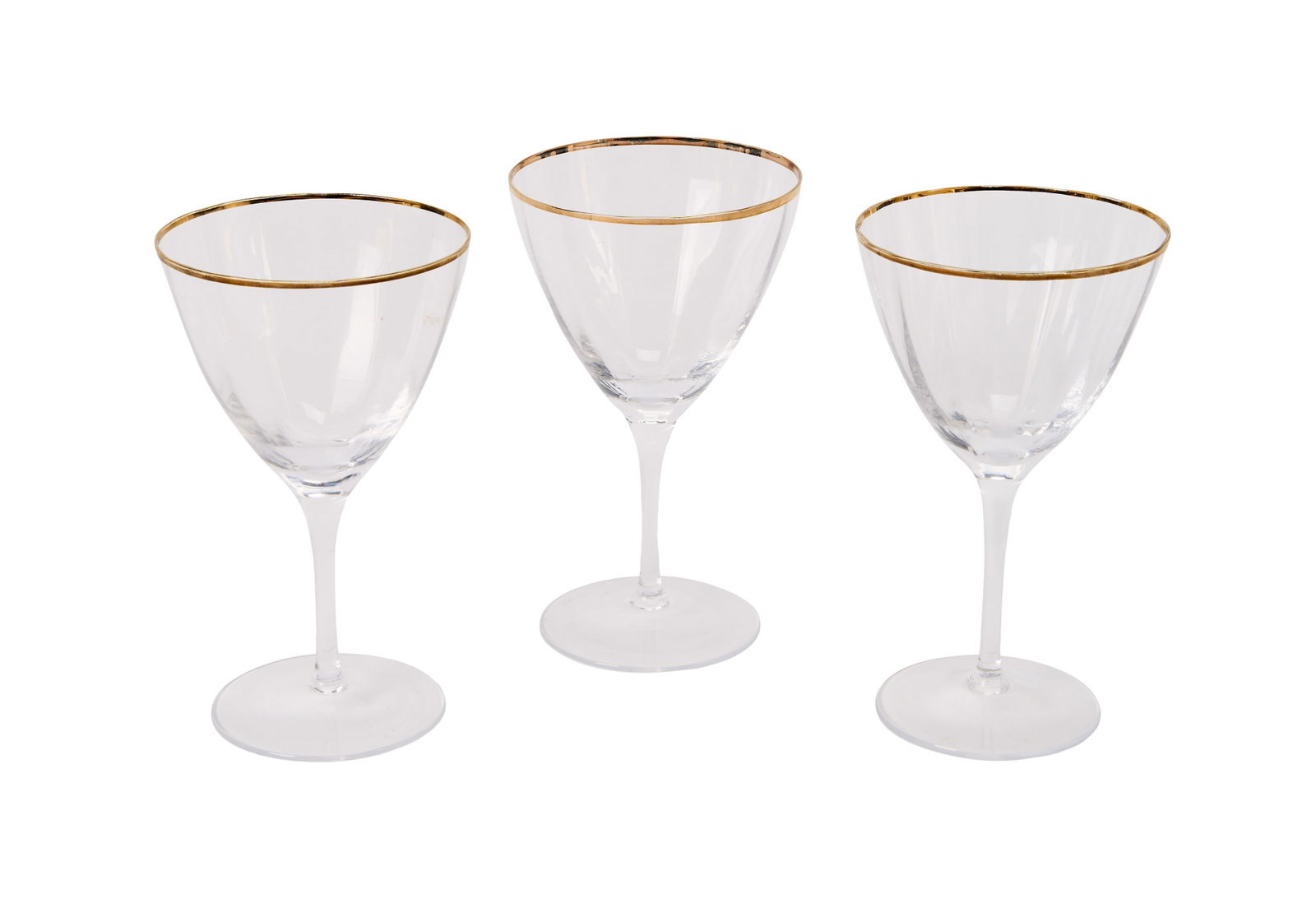 Game of Thrones | Daenerys Targaryen Meereen Wine Glasses (3): A group of three wine glasses from the production of Game of Thrones (HBO, 2011-2019). Each is clear glass with gold-tone trim on the rim. Some red staining from production use is present. Daenerys Ta