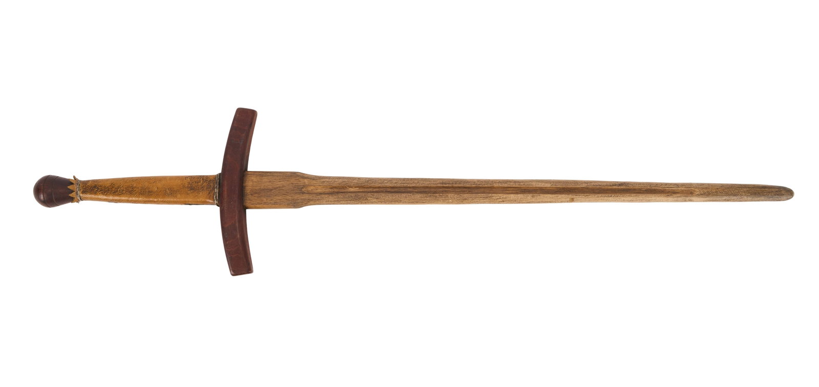 Game of Thrones | Syrio Forel Training Sword: A wooden training sword prop from the production of Game of Thrones (HBO, 2011-2019). A solid wood sword, stained in dark red and light brown tones. The sword has a decorative leather handle with a su