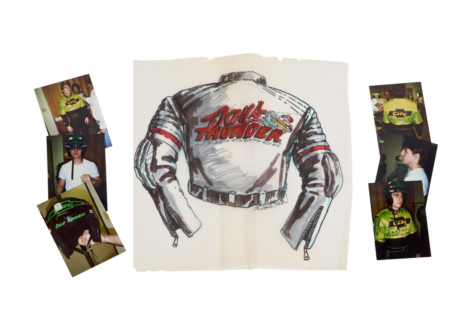 Days of Thunder | Tom Cruise Costume Fitting Photos with Original Costume Design: 21 5x3 photographs from Tom Cruise racing suit costume fitting from the production of the Tony Scott-directed film Days of Thunder (Paramount, 1990). Accompanied by an original costume design for a