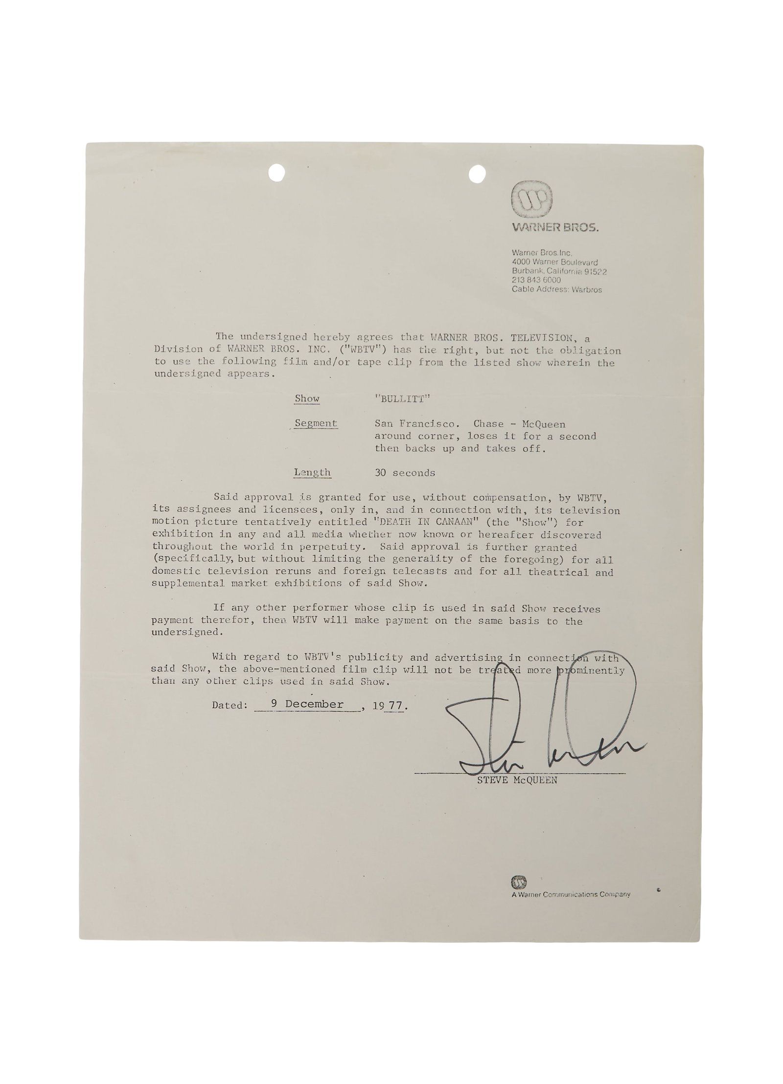 Steve McQueen | Signed WB Contract Relating to "Bullitt" (1 of 3)