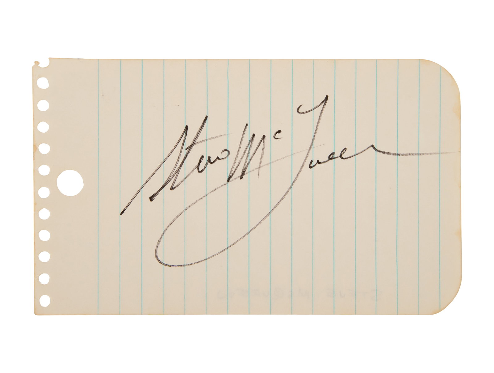 Steve McQueen | Signed Cut Sheet: A cut sheet featuring a signature that reads, "Steve McQueen." The verso contains the name handwritten in pencil. The sheet comes from a spiral bound pocket notebook.