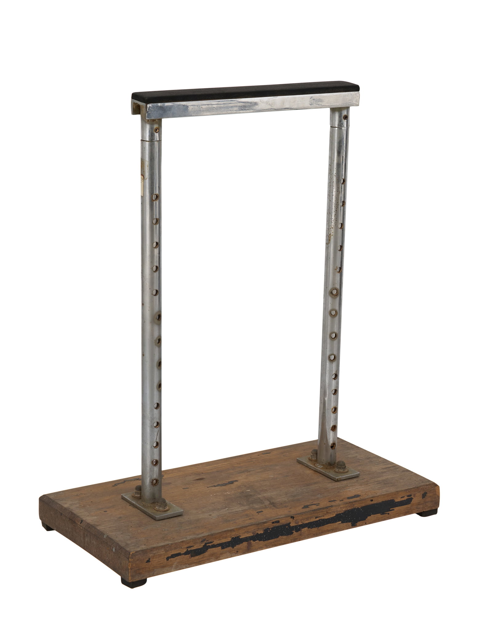 Bruce Lee | Leg Stretching Bar (with Photo and Catalogue): A leg stretching bar, featuring two extendable and adjustable metal tubes with a connecting foam top bar and bolted into a wooden base. This stretching bar was originally sold during The Bruce Lee Col